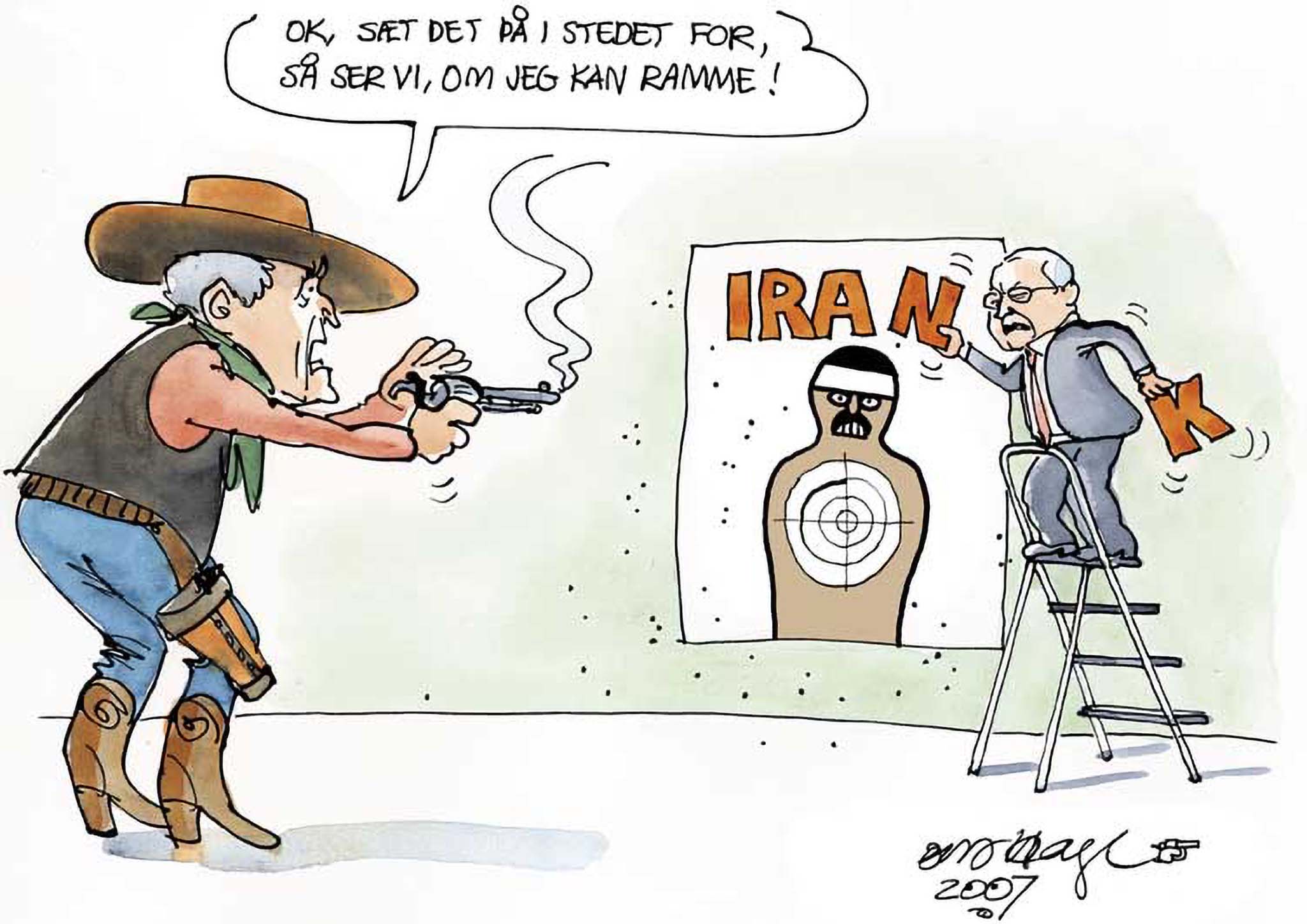 Satire tegning: USA's militære optrapning i Golfen er denne gang rettet mod Iran
