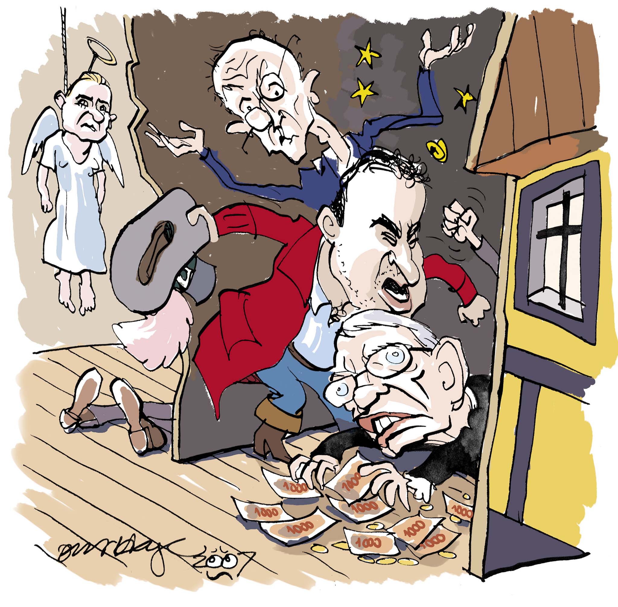 Satire tegning: Det er efterhånden lidt ligemeget, hvilken politik Ny Alliance vil føre, når de kommer på scenen.