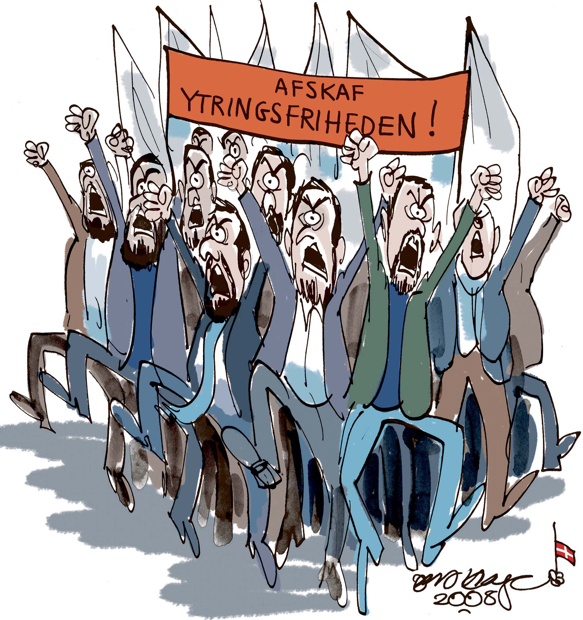 Satire tegning: At demonstrere mod ytringsfriheden kan kun lade sig gøre i et land, der har ytringsfrihed.