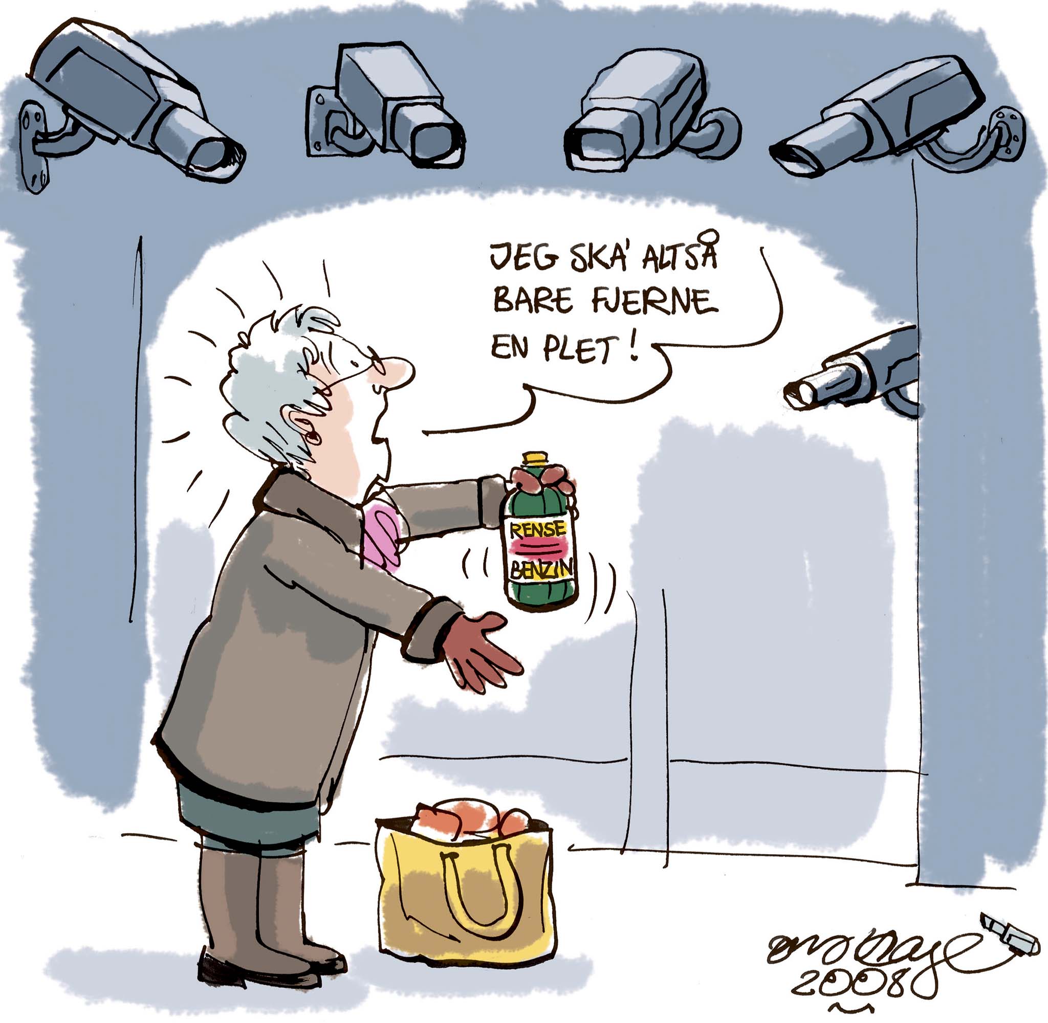 Satire tegning: Flere overvågningskameraer i det offentlige rum skal dæmme op for de mange ildspåsættelser.