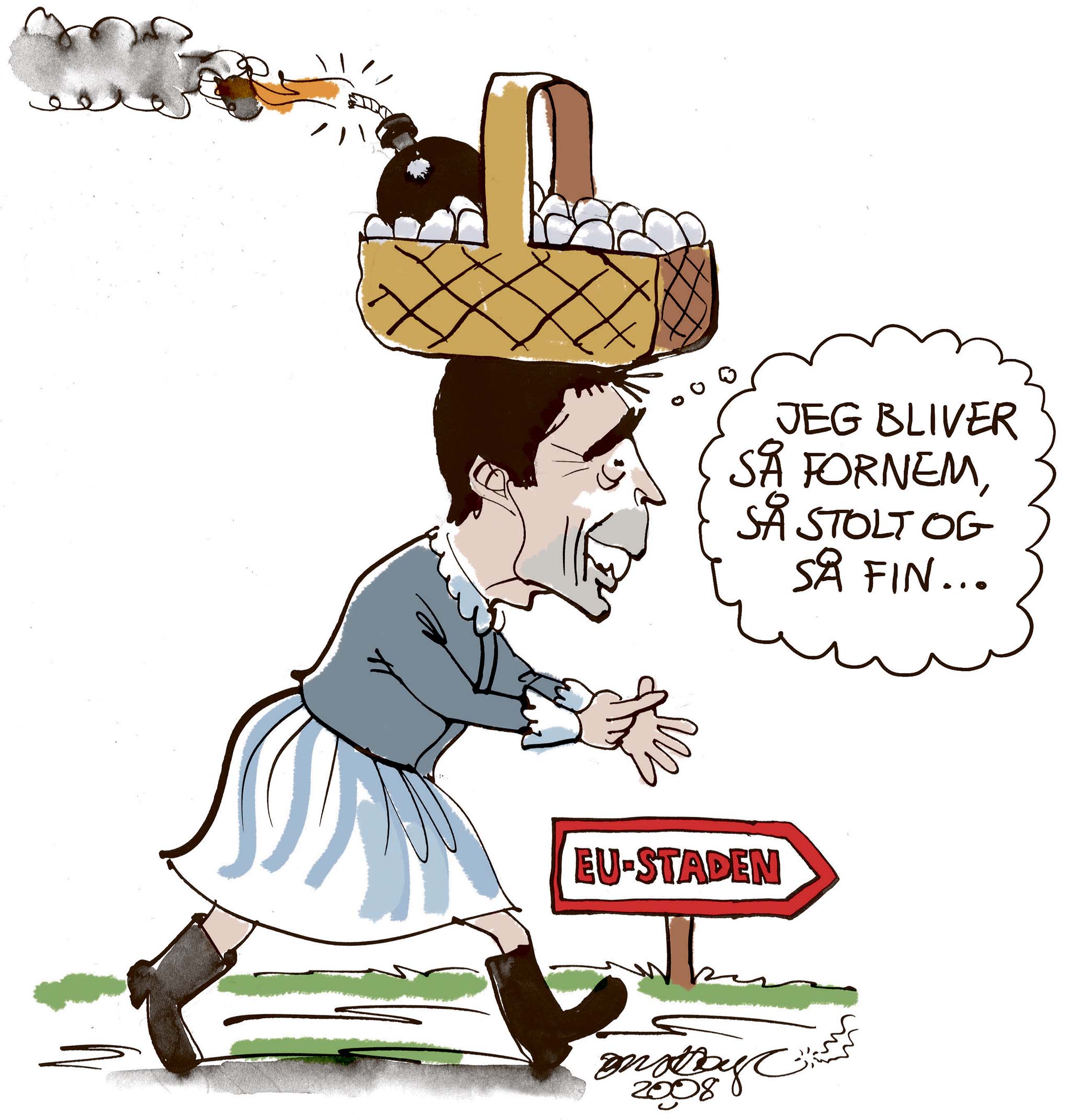 Satire tegning: Statsministeren menes at gå efter posten som EUs første præsident, men hæmmes af Muhammed-affæren.
