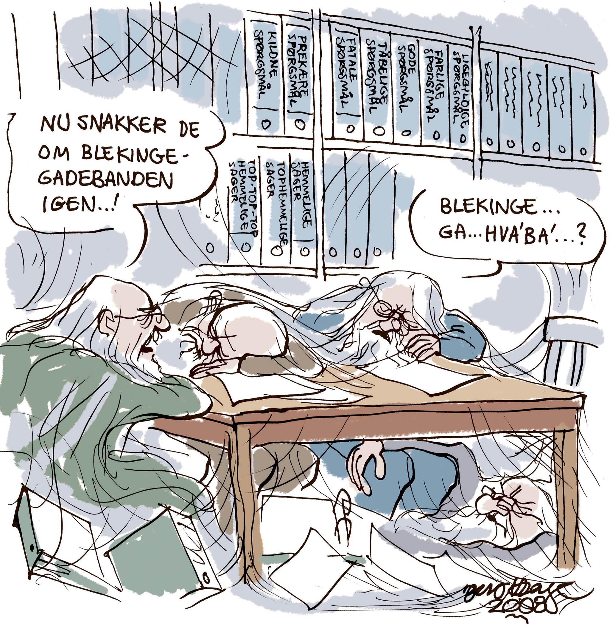 Satire tegning: En særlig kommission kulegraver nu på 10. år Politiets Efterretningstjeneste, men hidtil har ingen set nogen resultater.