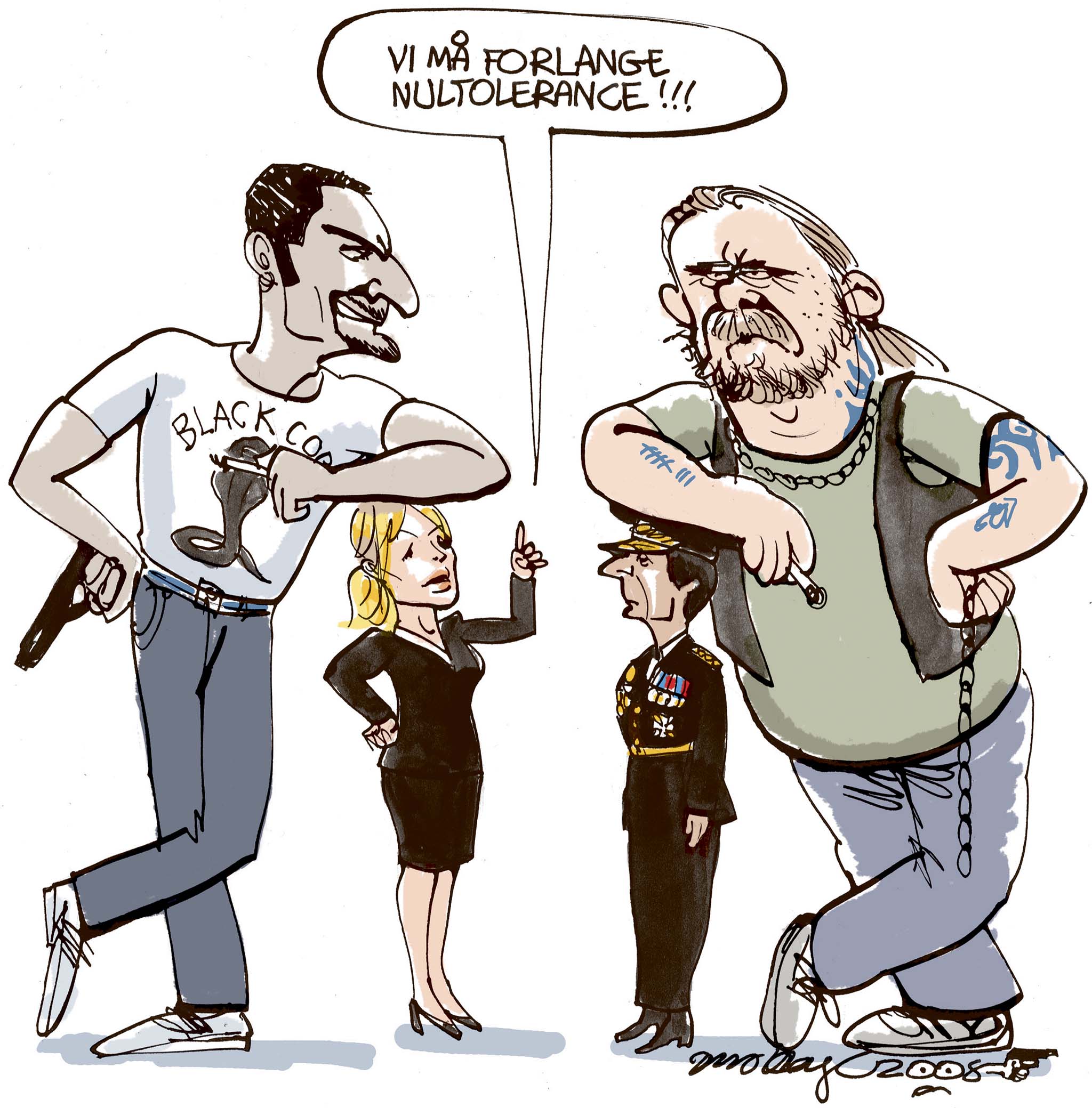 Satire tegning: Regering og myndigheder står magtesløse overfor den mafialignende bandekriminalitet herhjemme.