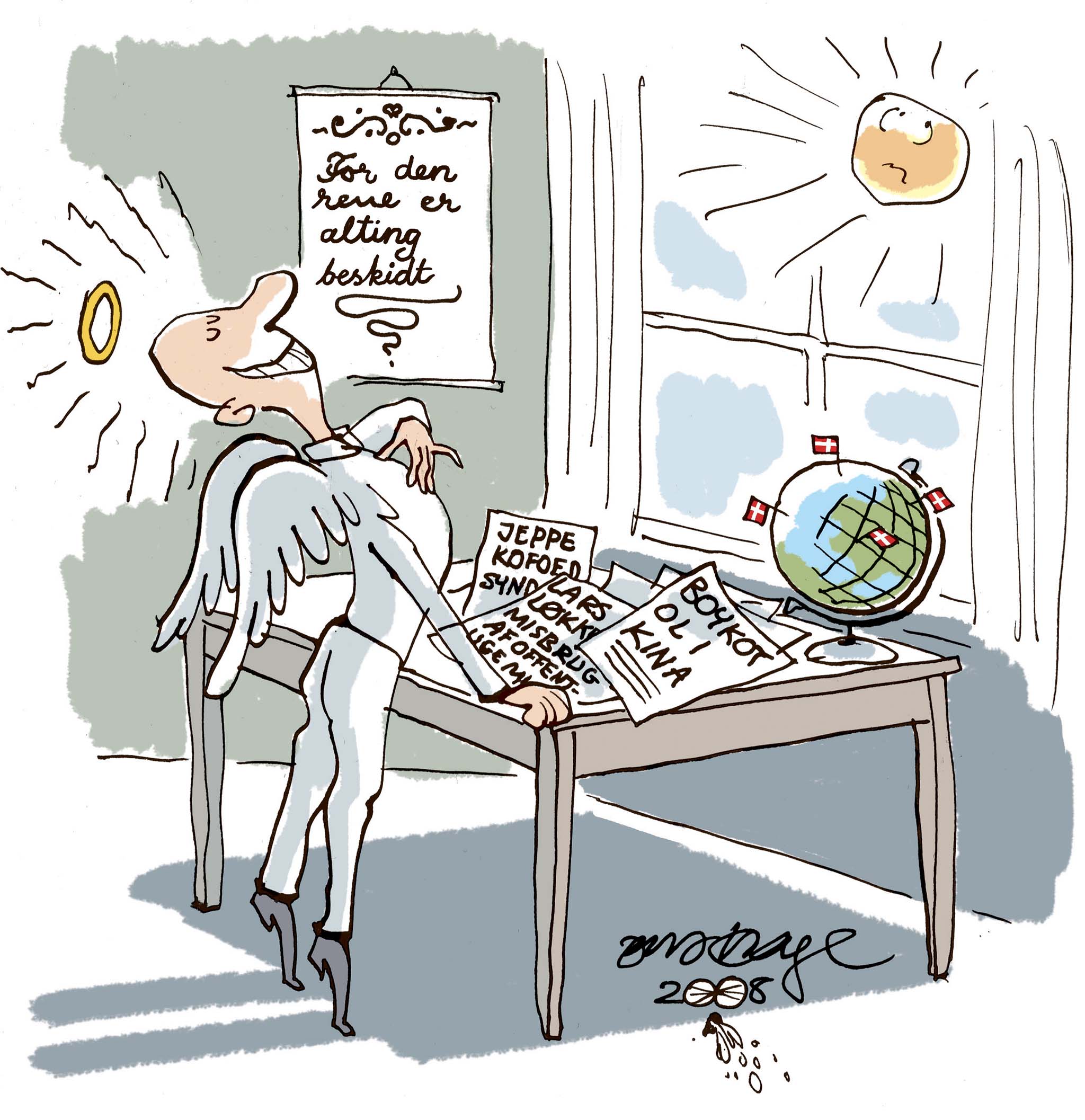 Satire tegning: Den særlige danske, moralske renhed stortrives i øjeblikket.
