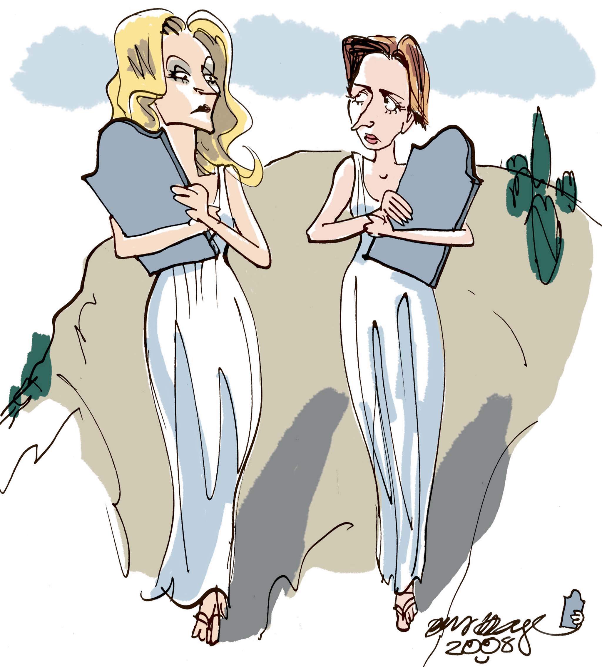 Satire tegning: Både Helle Thorning Schmidt og Mette Frederiksen har lanceret hver deres socialdemokratiske leveregler.