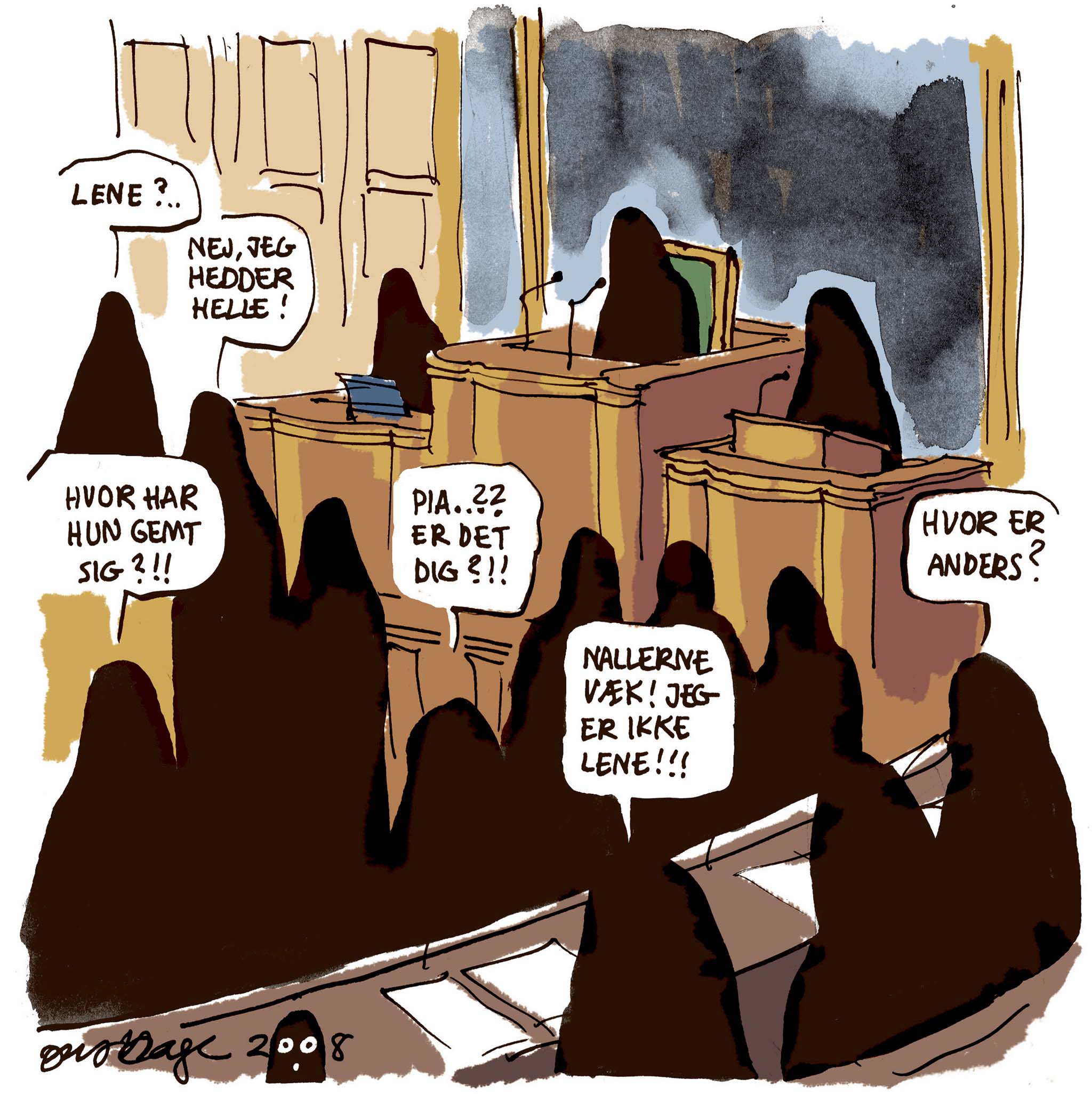 Satire tegning: Dansk Folkeparti beskylder justitsministeren for at gøre grin med Folketingets regler i tørklædesagen.