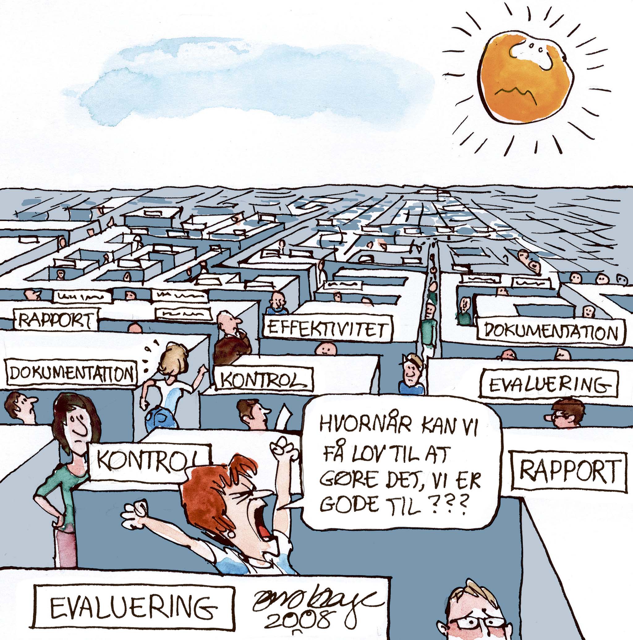 Satire tegning: Mange oplever, at de bruger mere tid på at dokumentere deres arbejde, end på selve arbejdet.