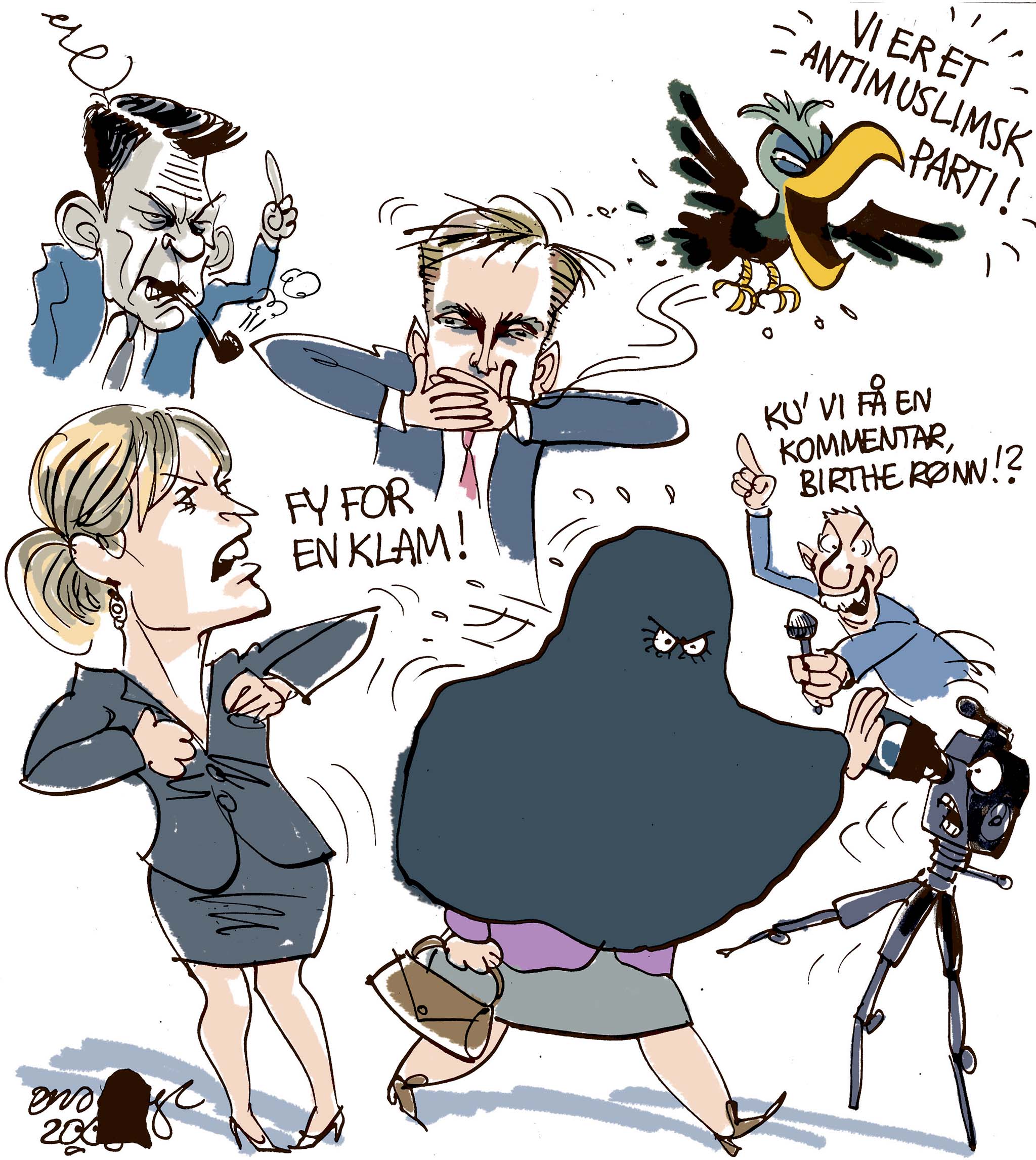 Satire tegning: Tørklædesagen bliver ved med at spøge på Christiansborg.