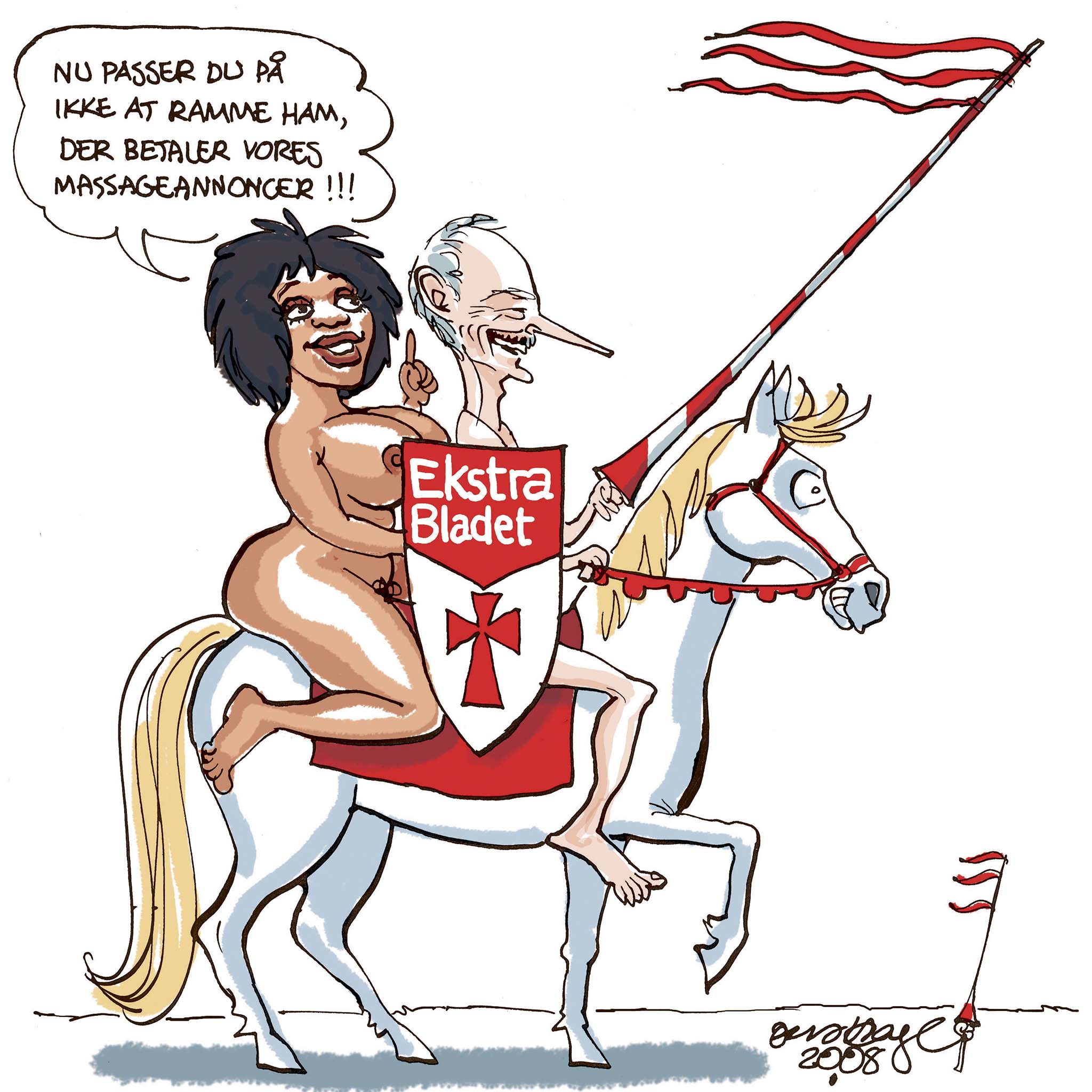 Satire tegning: Ekstra Bladet er draget på moralsk korstog mod klamme mænd.