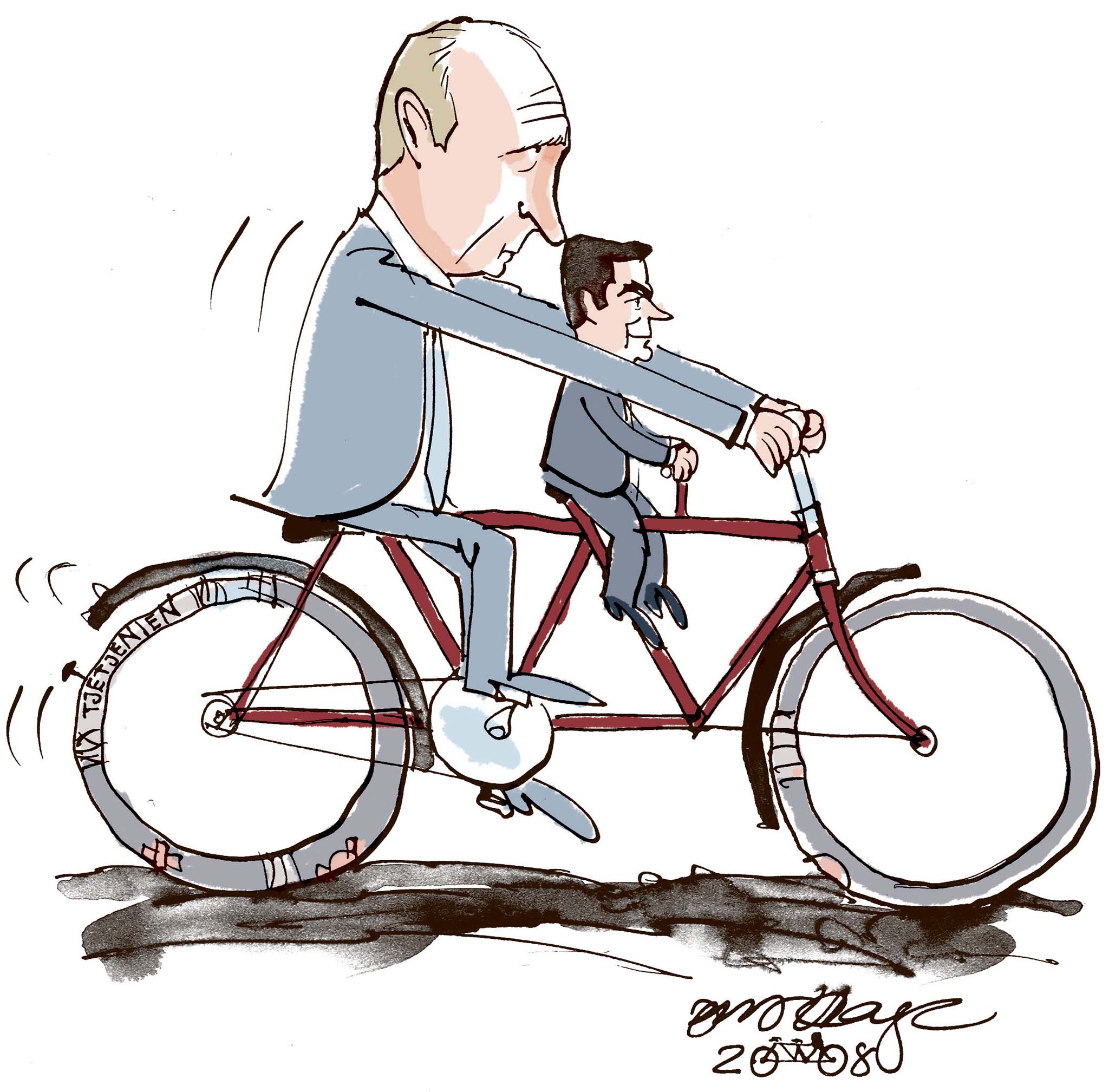 Satire tegning: Den nye russiske præsident Medvedev udtaler, at samarbejdet med den nye premierminister Putin er som at køre tandem.
