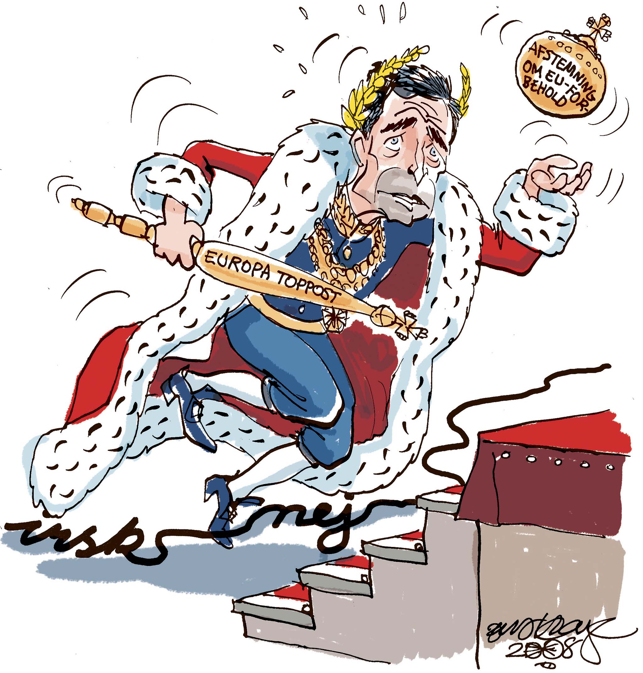 Satire tegning: Det irske nej har ikke gjort statsministerens fremtidplaner lettere.