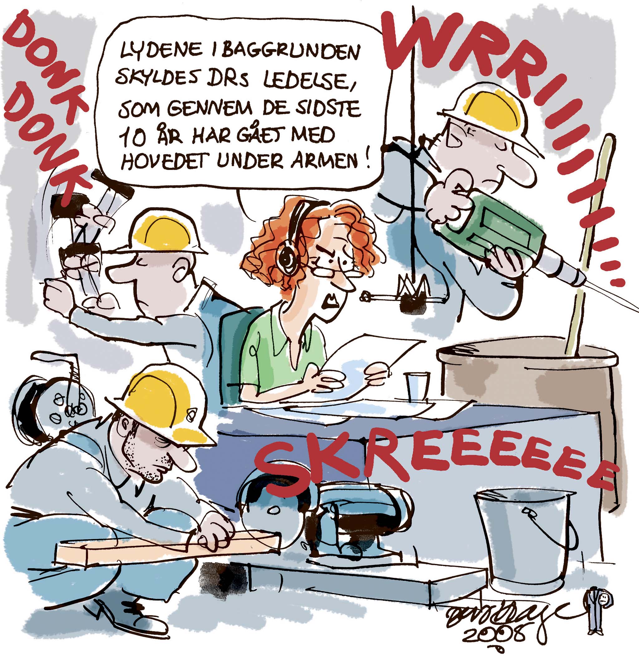 Satire tegning: Nu skal indeklimaet i DRs nybyggeri udbedres for ca. 50 millioner kr.