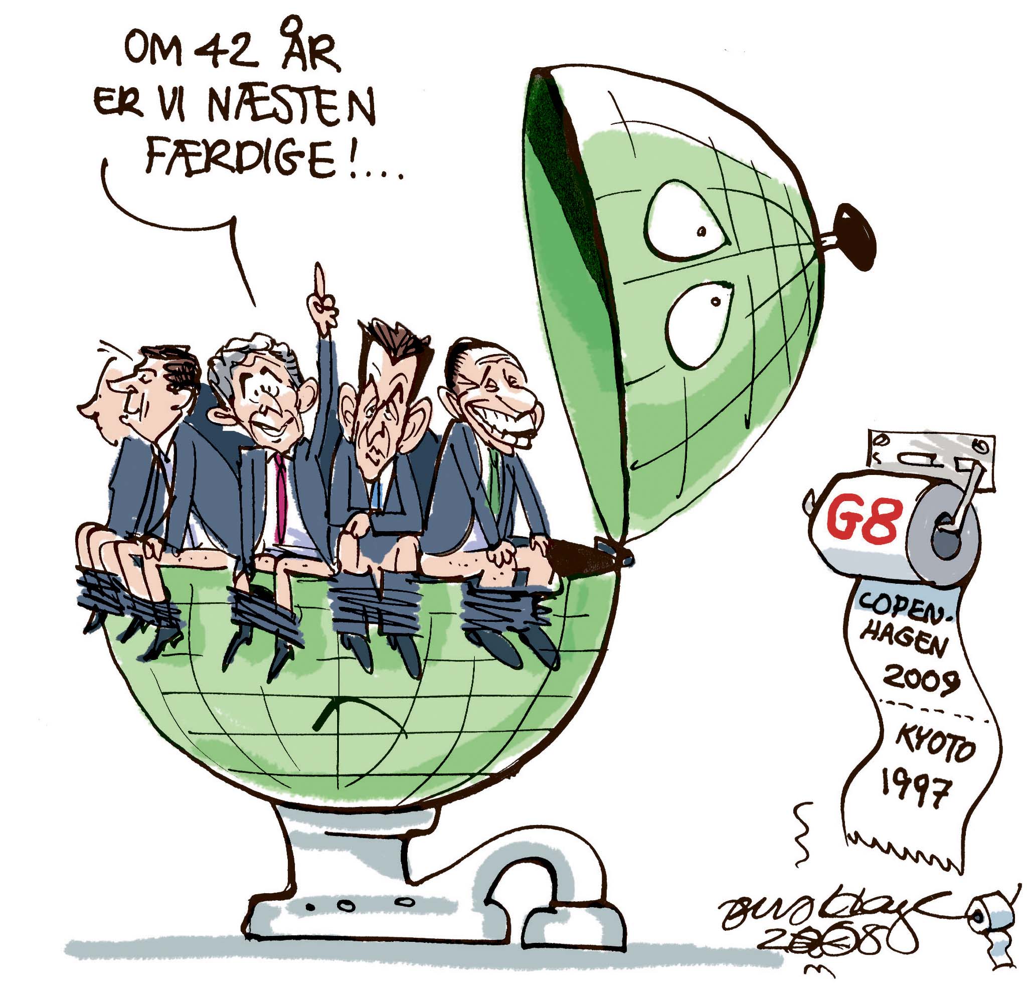 Satire tegning: Verdens førende industrinationer er blevet enige om at halvere udledningen af CO2 i 2050.