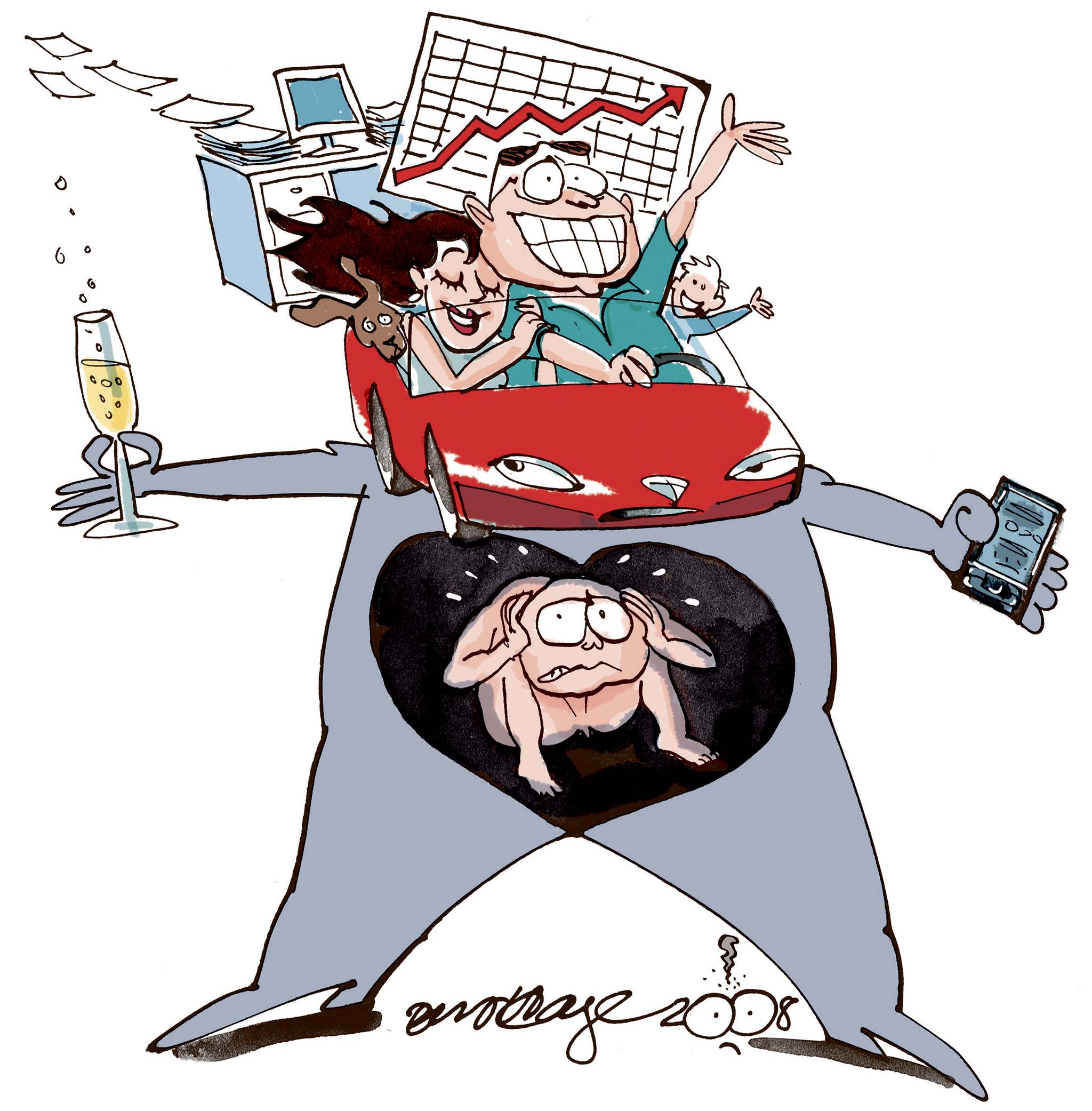 Satire tegning: Verdens lykkeligste folk lider af stress, angst og depressioner.