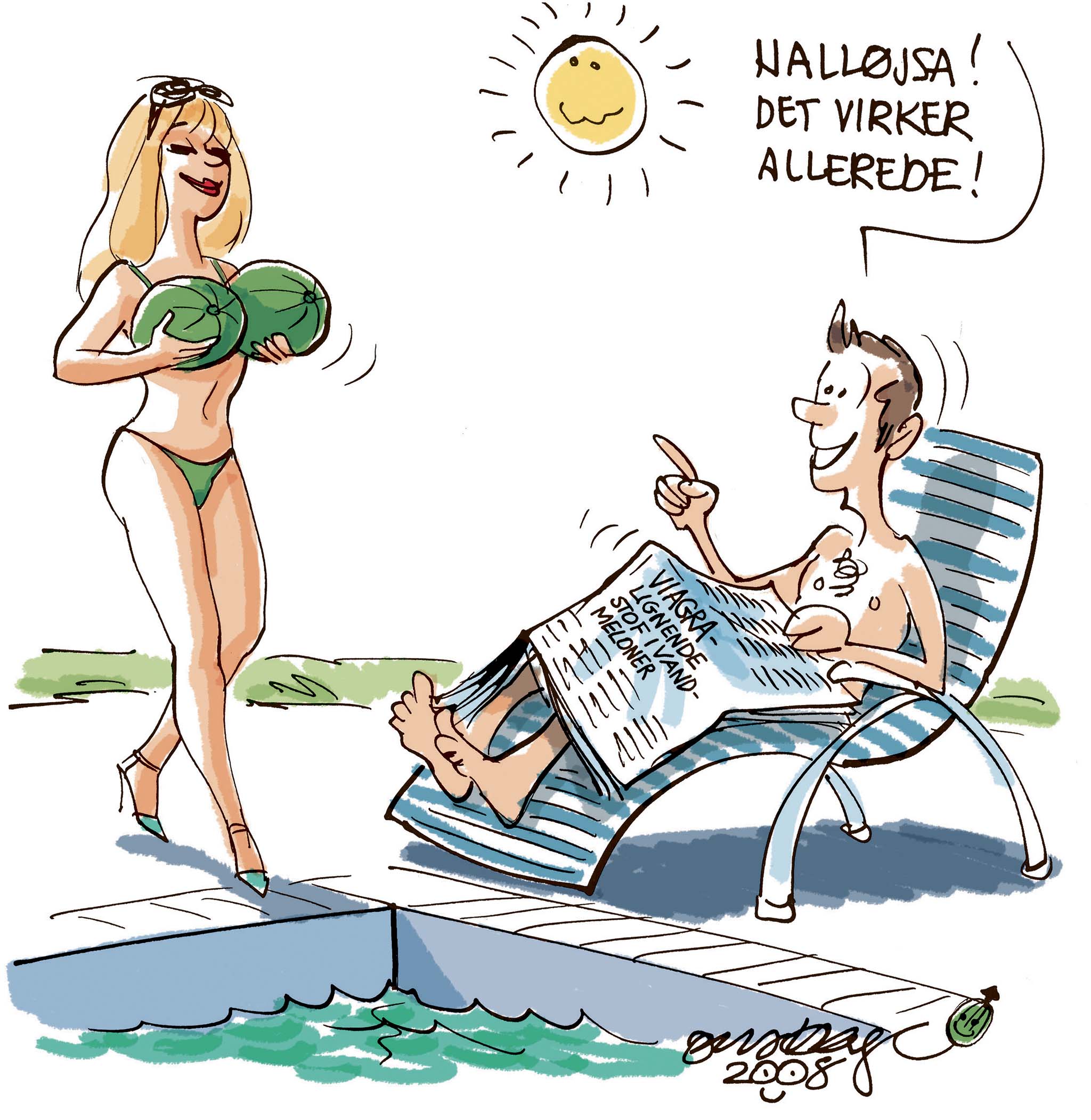 Satire tegning: Forskere har opdaget, at skallen på vandmeloner indeholder et potensfremmende stof.