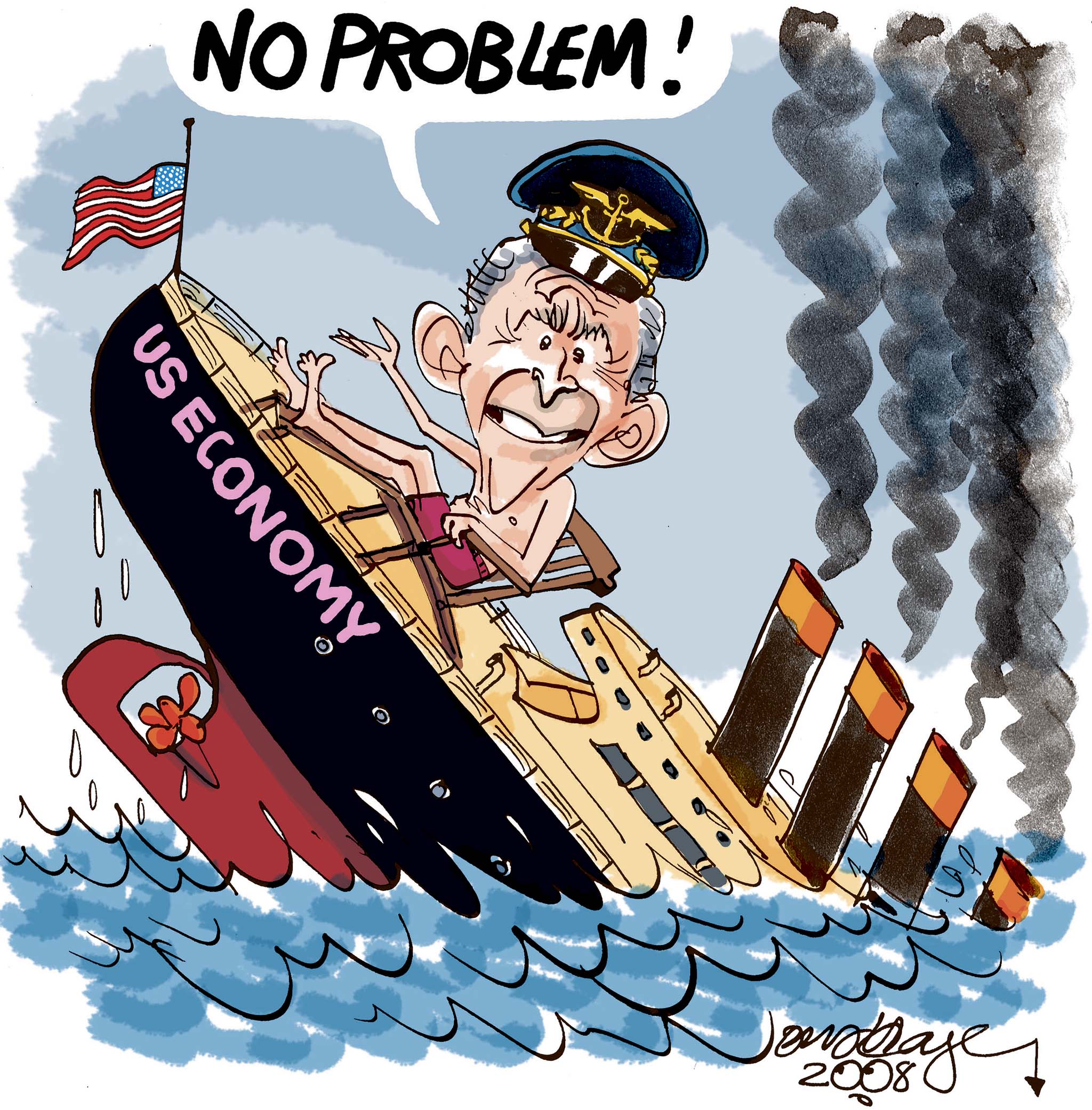 Satire tegning: Præsident Bush ser ingen faresignaler for amerikansk økonomi.