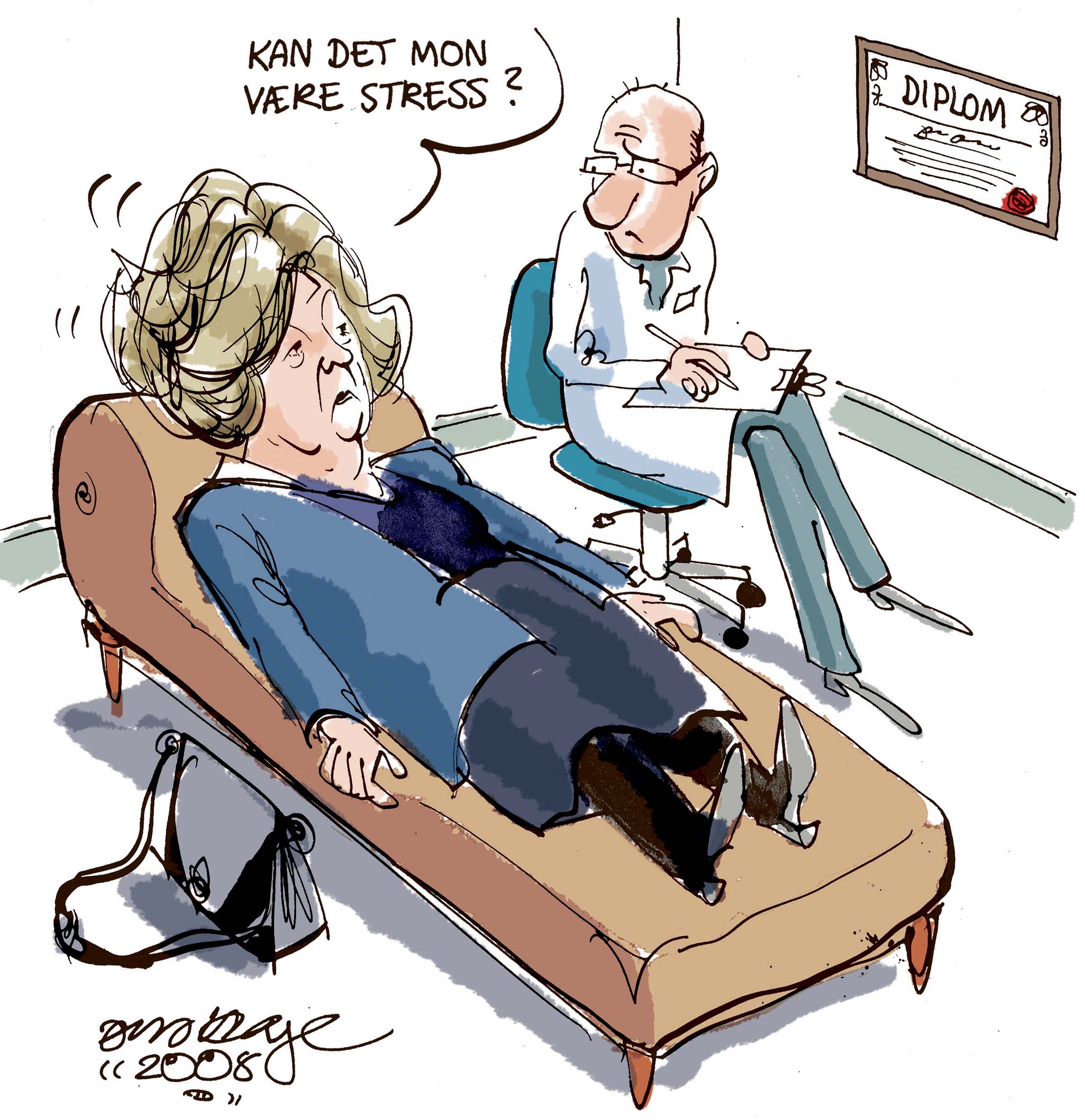 Satire tegning: Fagfolk mener, at stress efterhånden er blevet en diffus fællesbetegnelse for alle mulige tilstande, hvor livet ikke står mål med forventningerne.