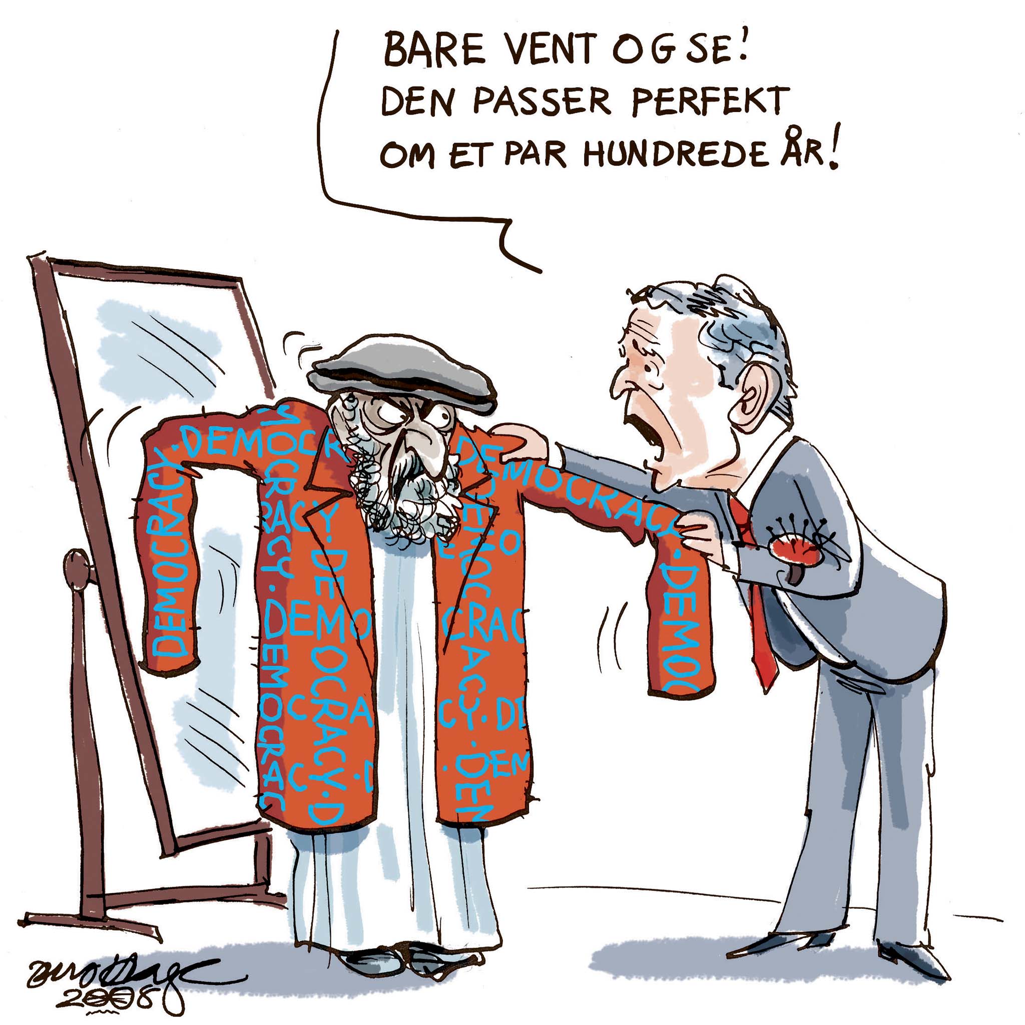 Satire tegning: Præsident Bush forsøger som leder af verdens stærkeste økonomiske og militære magt at udbrede vestligt demokrati til andre lande.