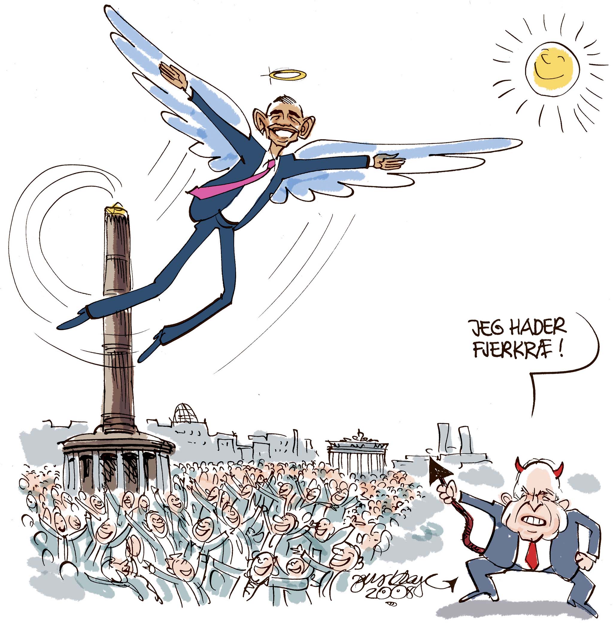 Satire tegning: Barack Obamas verdensturné har givet ham en næsten messiaslignende kultstatus.