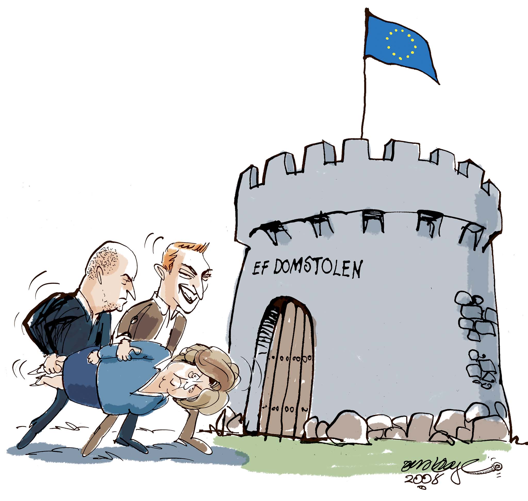Satire tegning: Dansk Folkeparti forlanger at regeringen løber storm mod EF Domstolen for at bevare den danske udlændingepolitik.