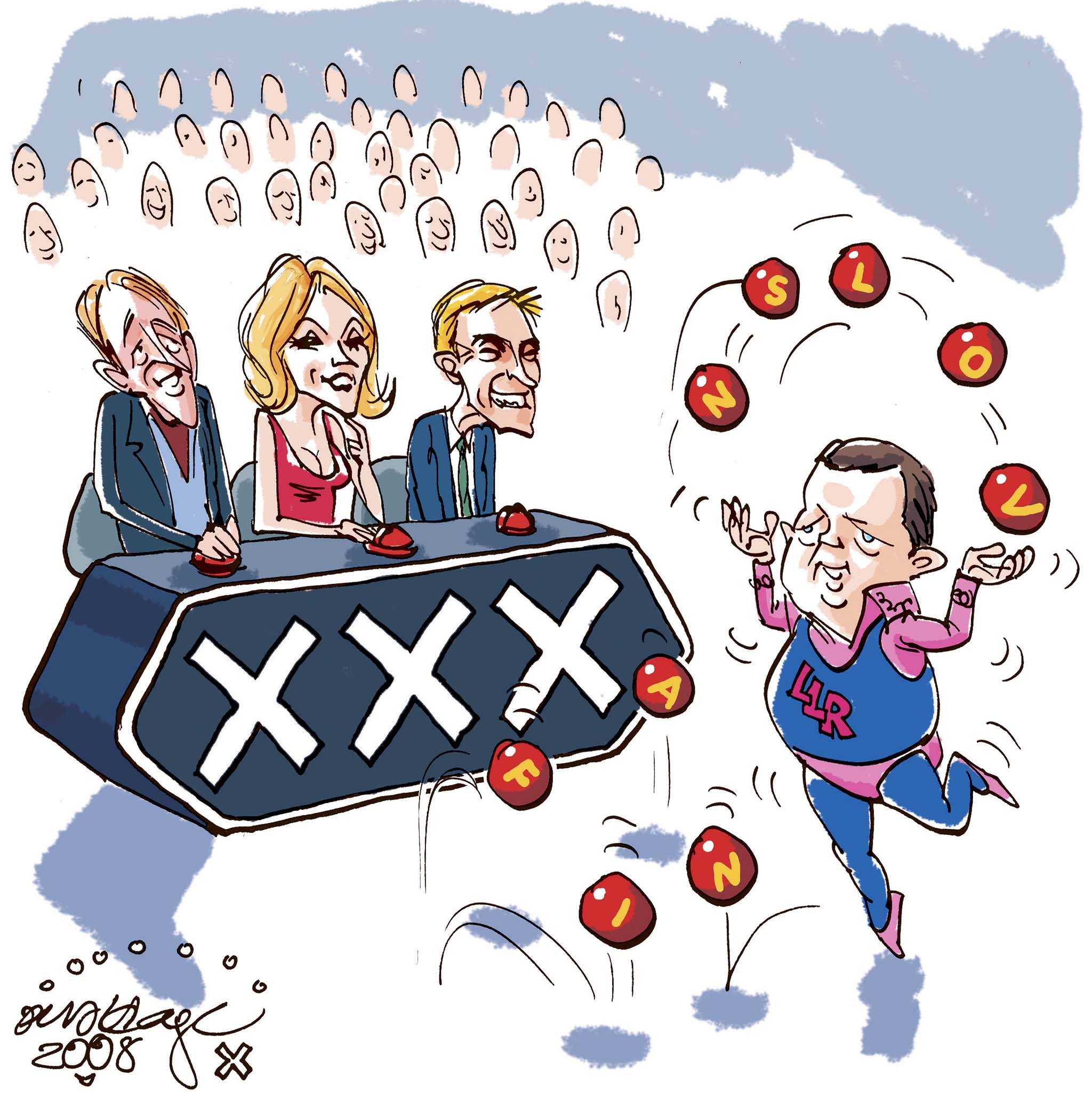 Satire tegning: Lars Løkke har netop præsenteret den nye finanslov for de strenge dommere.
