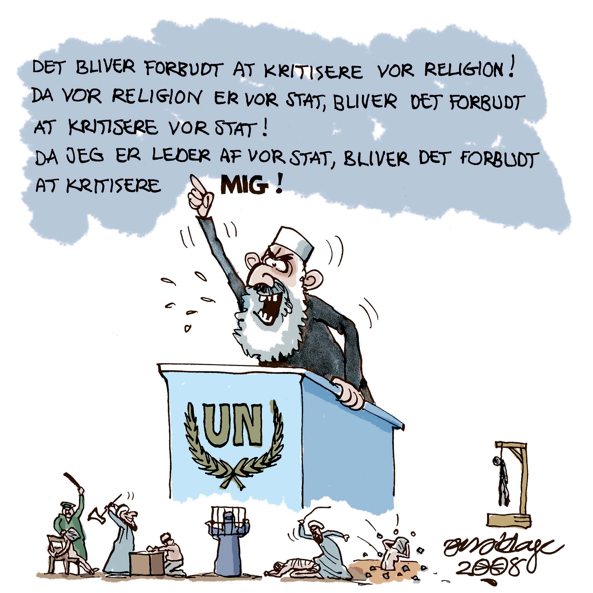 Satire tegning: Et flertal i FN planlægger et forbud mod krænkelser af religioner.