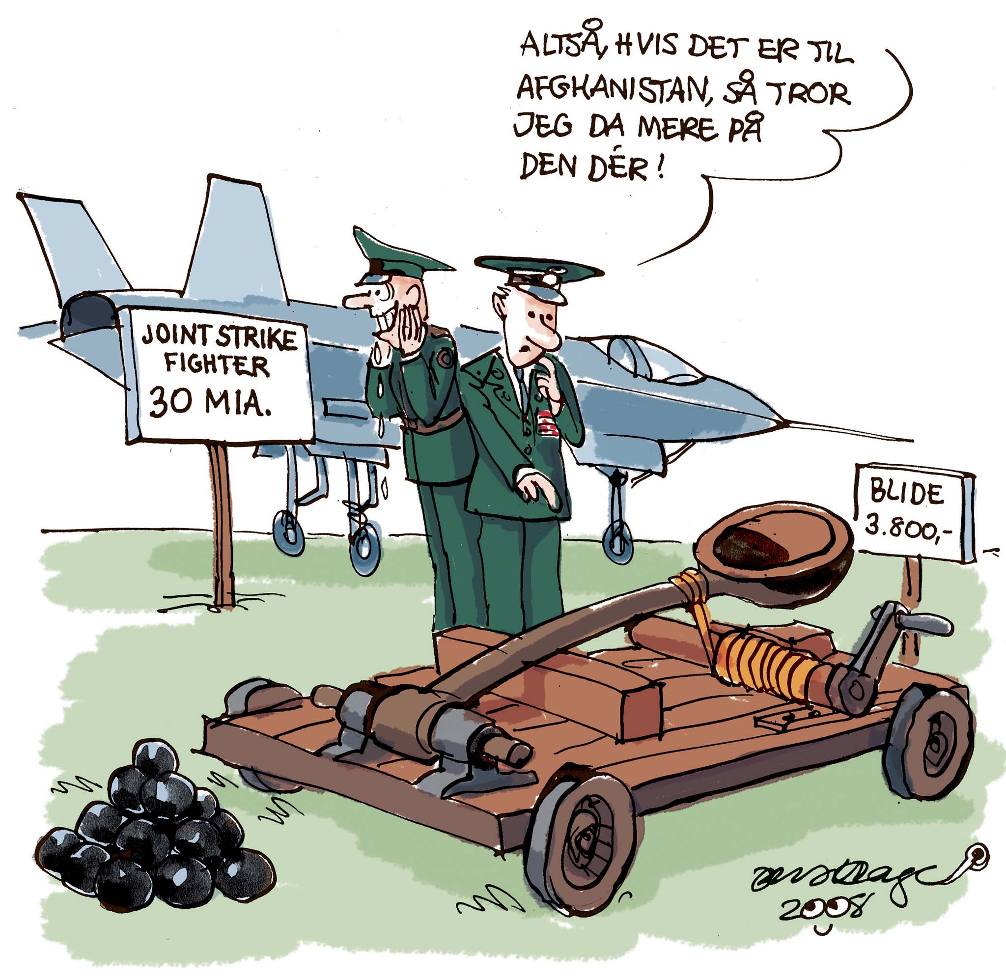 Satire tegning: Efter en række gigantiske fejlkøb står forsvaret nu igen foran en investering i milliardklassen.