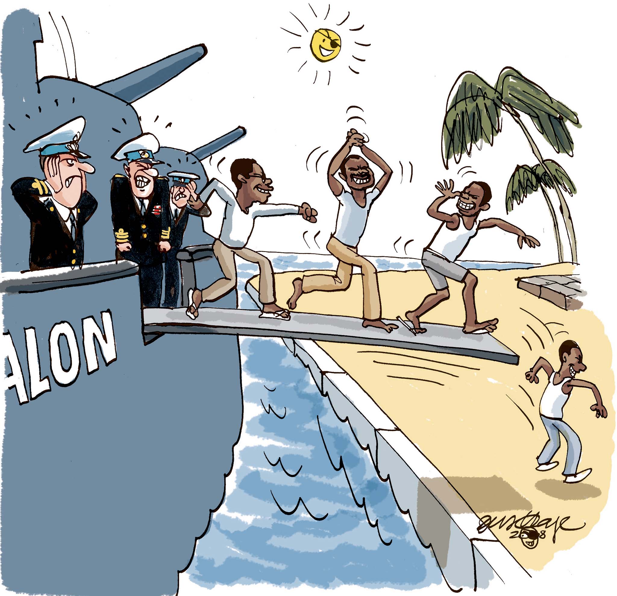 Satire tegning: De tilfangetagne pirater ved Afrikas kyst må nu frigives, fordi de ikke kan stilles for en domstol.