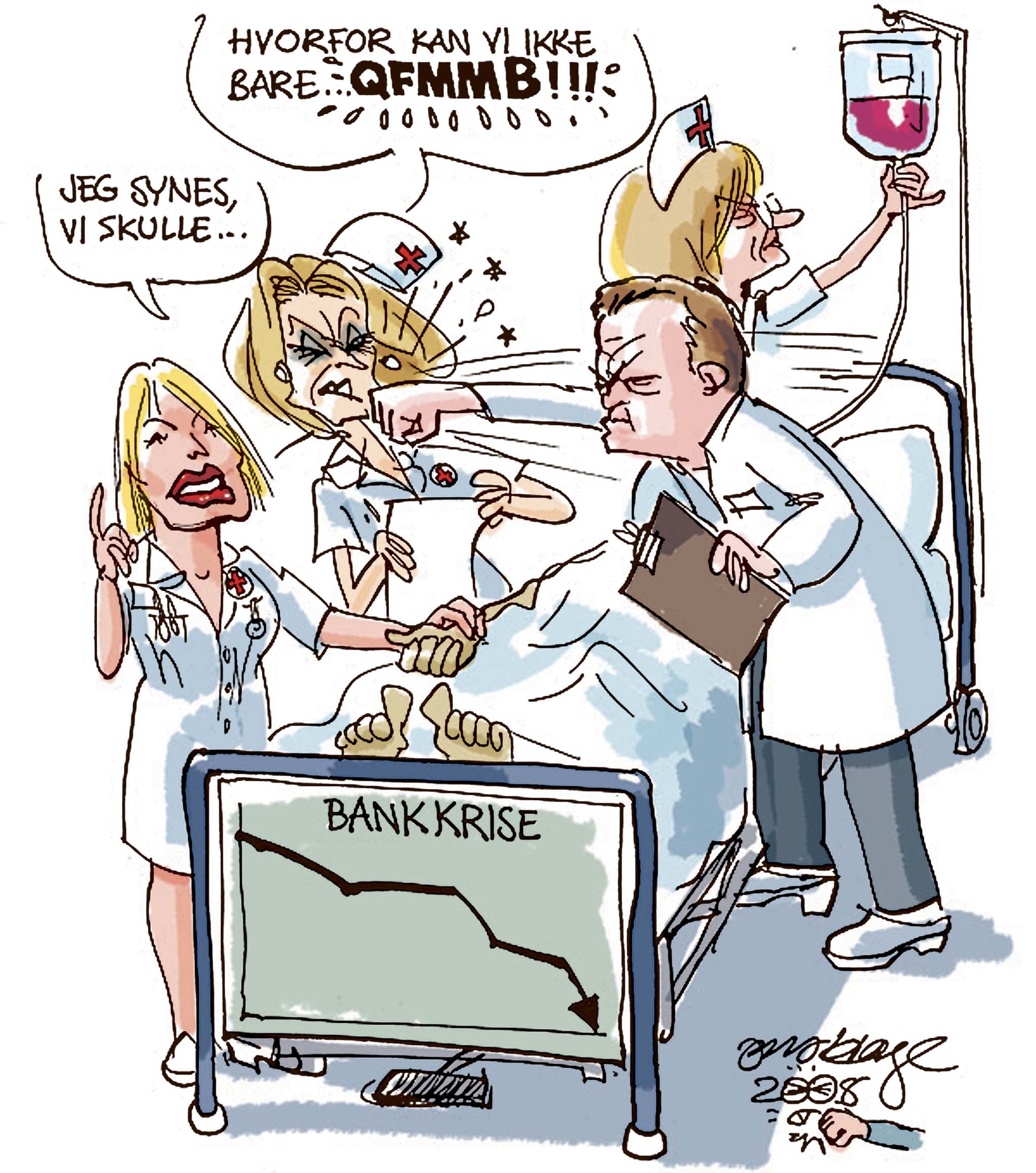 Satire tegning: Bankkrisen er for alvorlig til at blive gjort til genstand for partipolitisk strid – siger finansministeren.