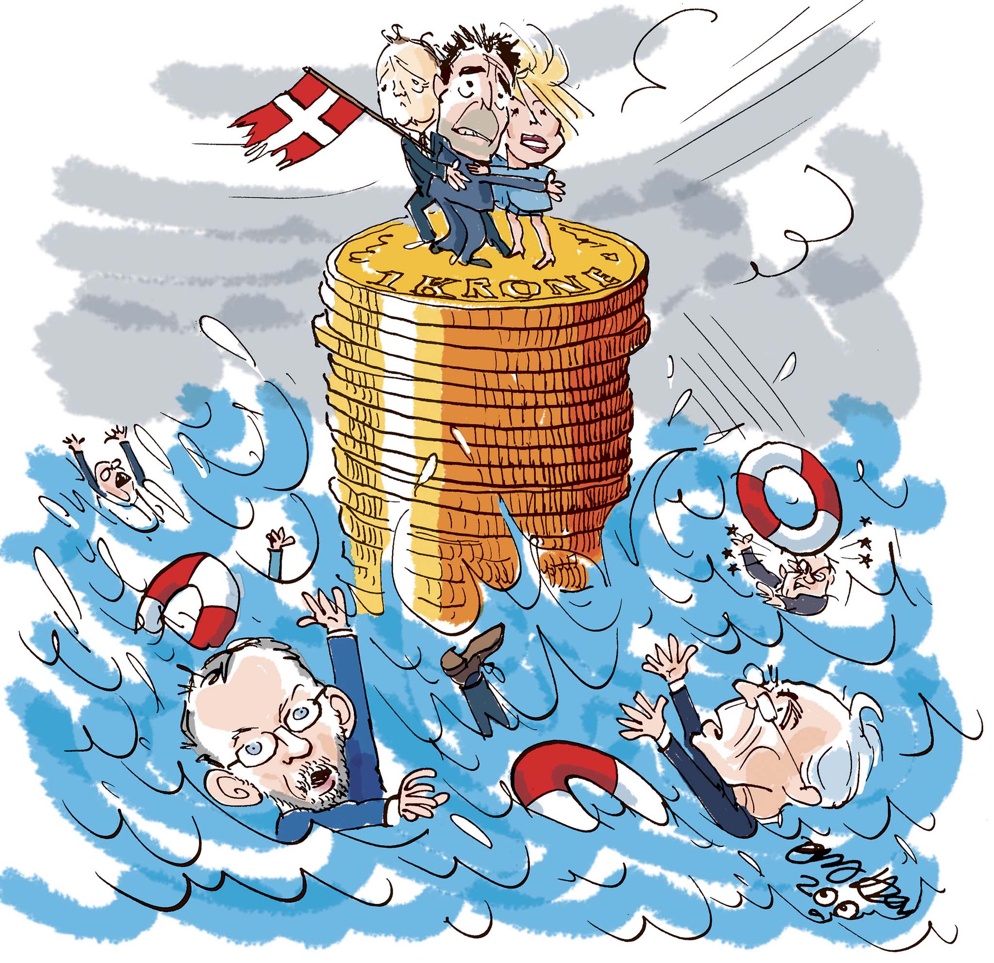 Satire tegning: Økonomerne mener, at finanskrisen nu er ude af politikernes hænder.