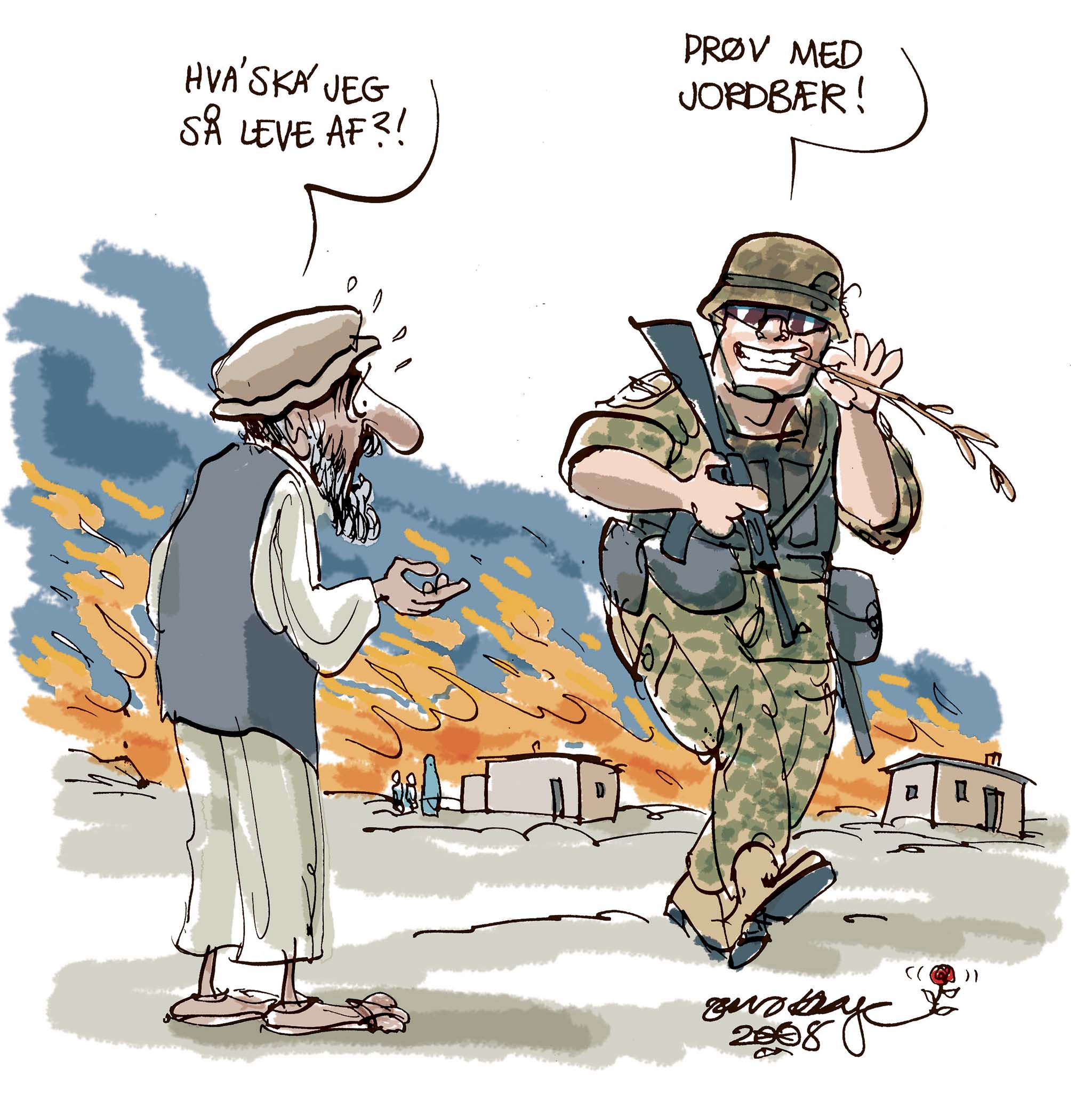 Satire tegning: USA presser på for at ødelægge de afghanske bønders opiumsmarker.