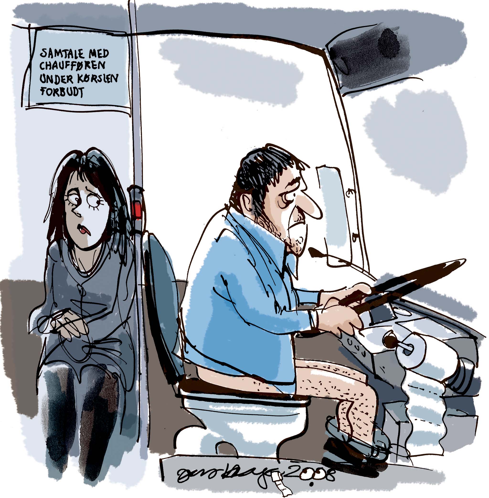 Satire tegning: Buschaufførerne strejker, fordi de ikke kan nå at komme på toilettet.