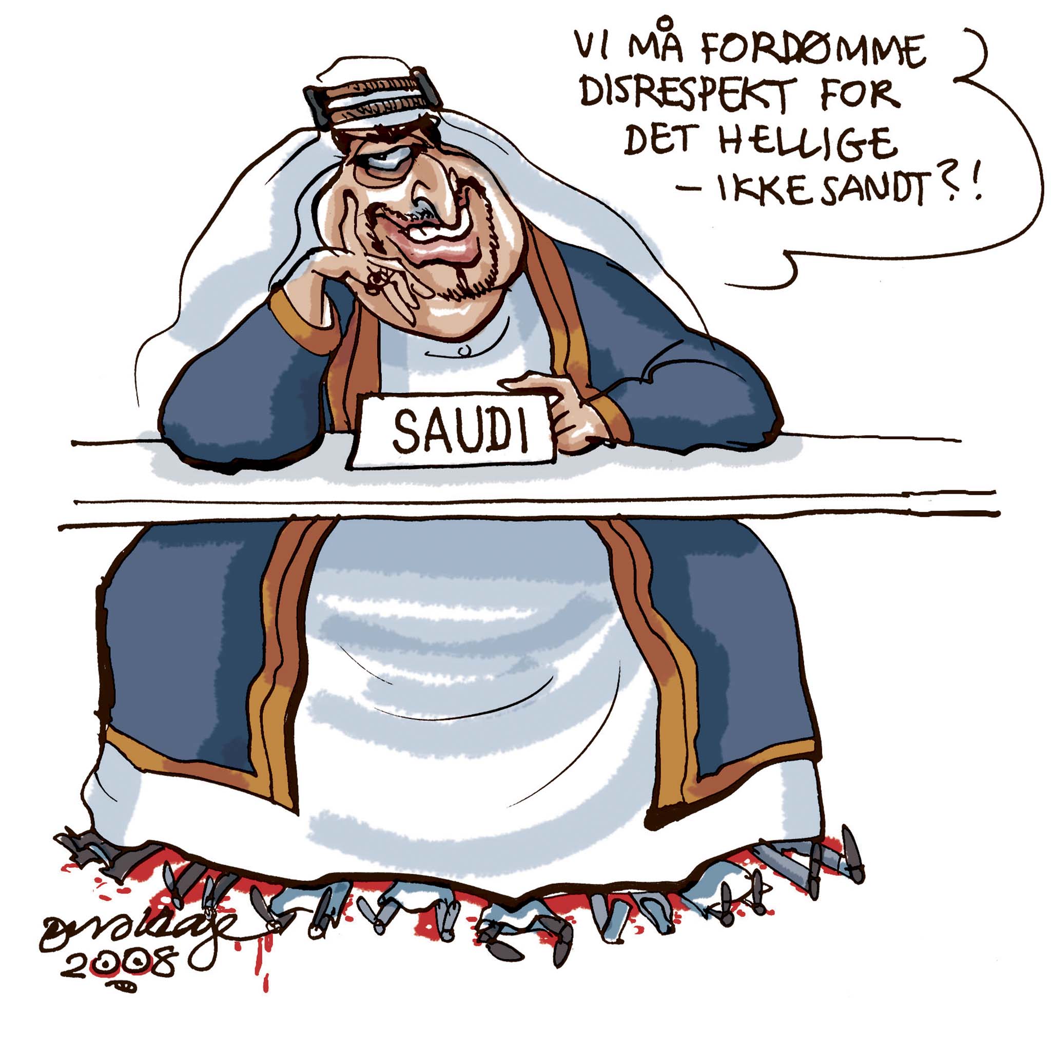 Satire tegning: Saudi Arabien står bag FN konference om religiøs tolerance.