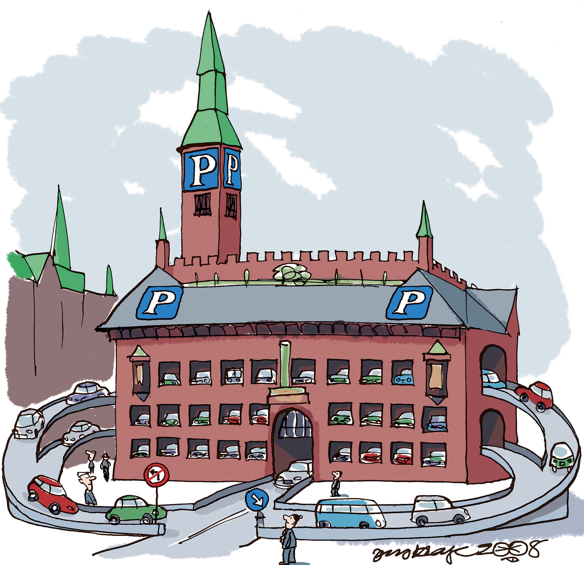 Satire tegning: Københavns politikere har forregnet sig, så de underjordiske P-siloer alligevel ikke bliver til noget.