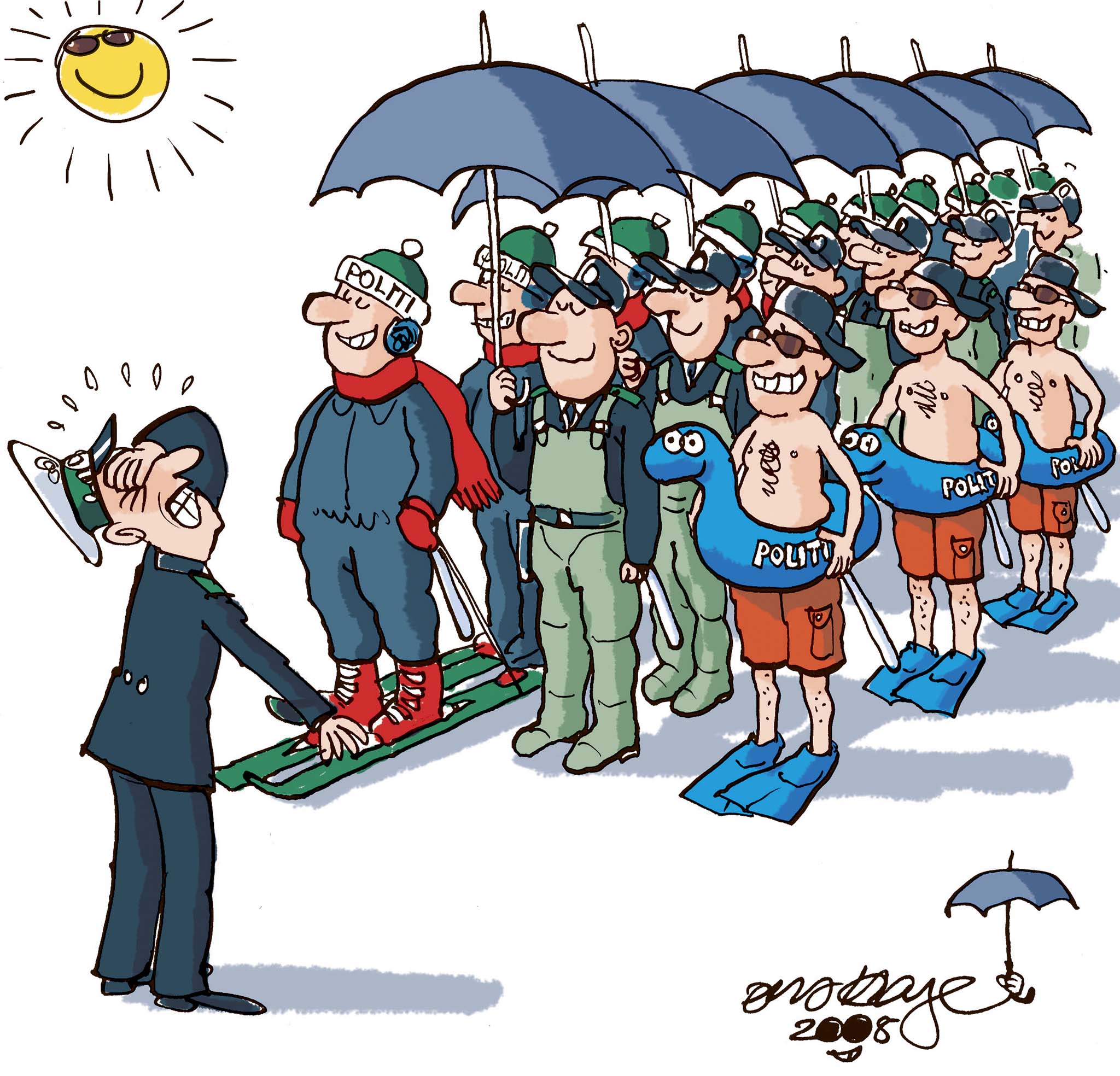Satire tegning: Klimakonferencen i København til næste år bliver politiets hidtil største udfordring.
