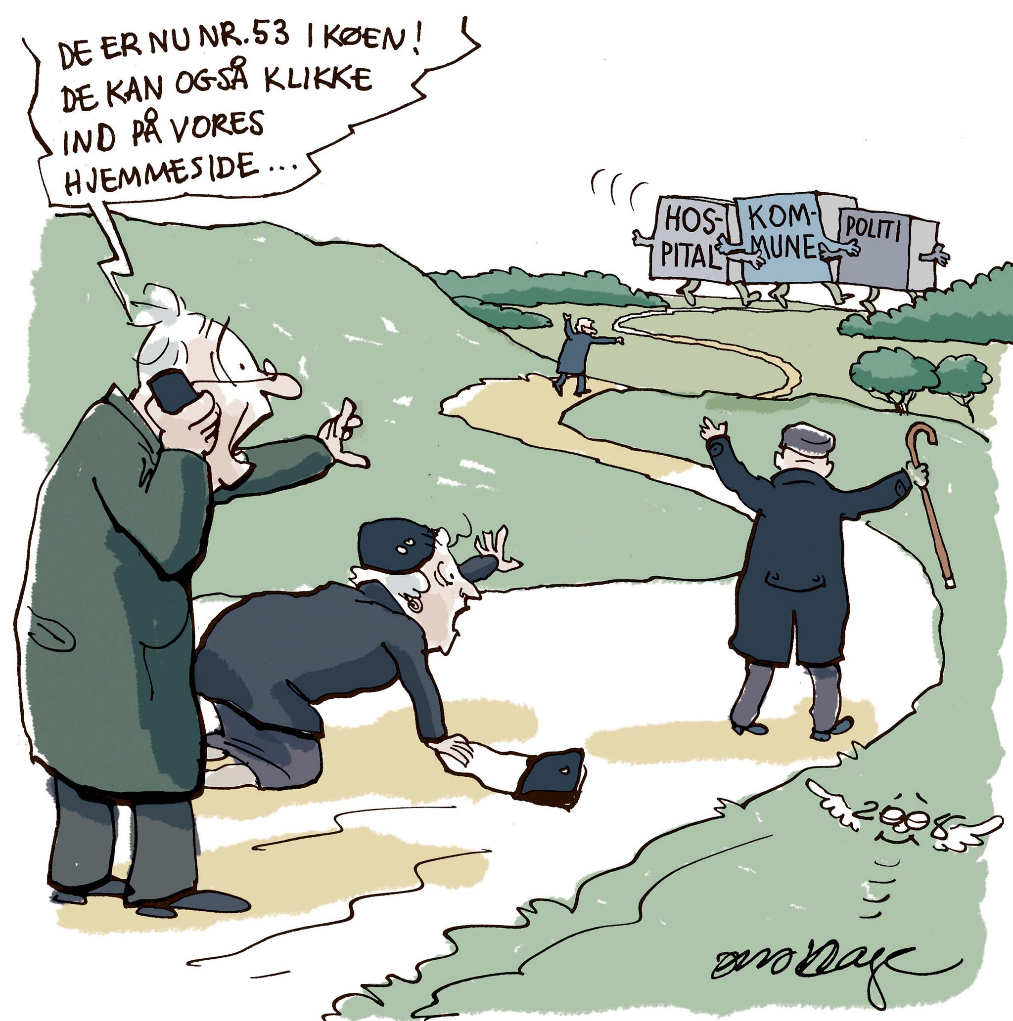 Satire tegning: Udviklingen går i retning af større og større enheder som er længere og længere væk.