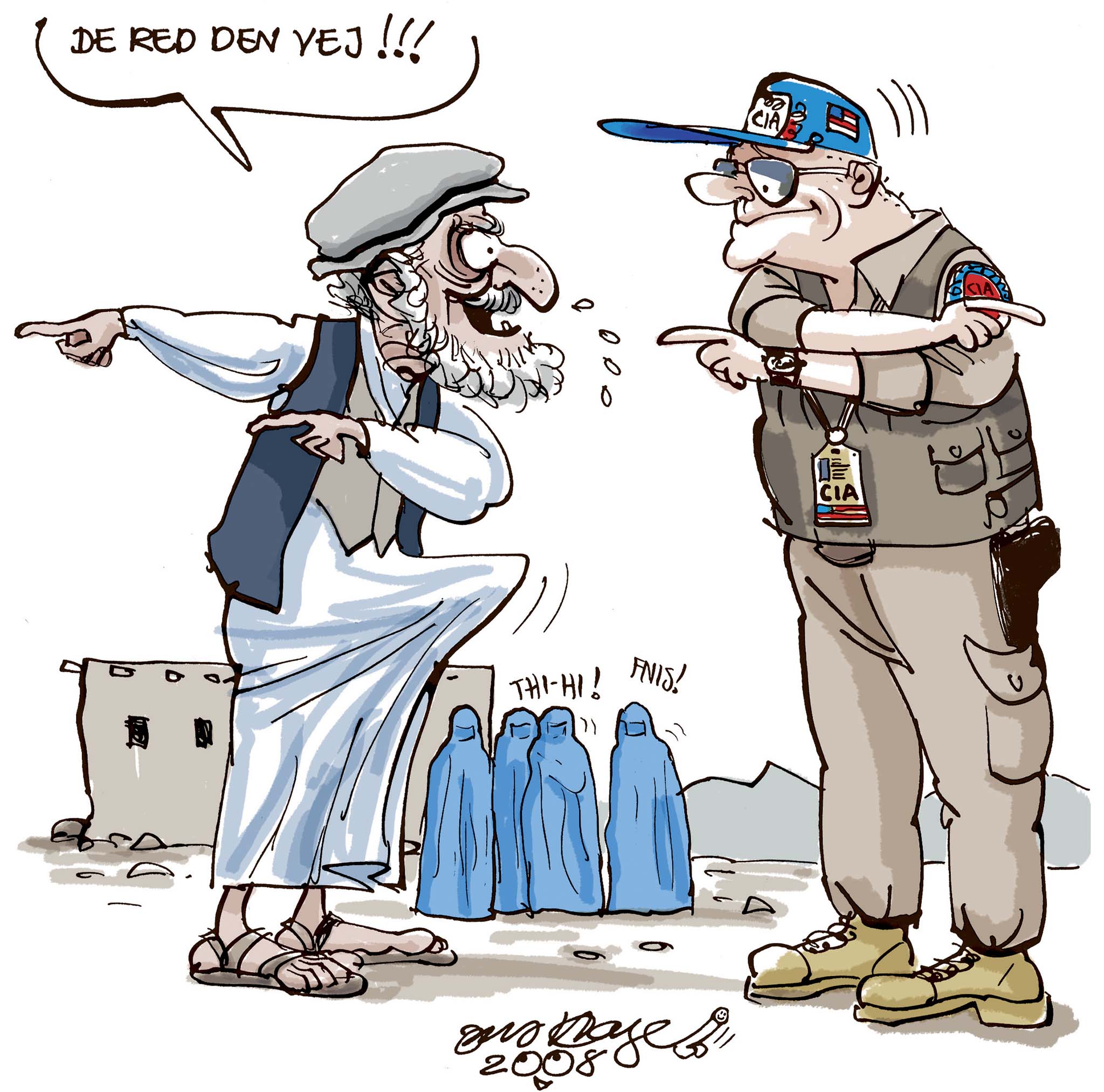 Satire tegning: CIA har haft held til at skaffe sig efterretninger om Taliban ved at give de afghanske krigsherrer Viagra.