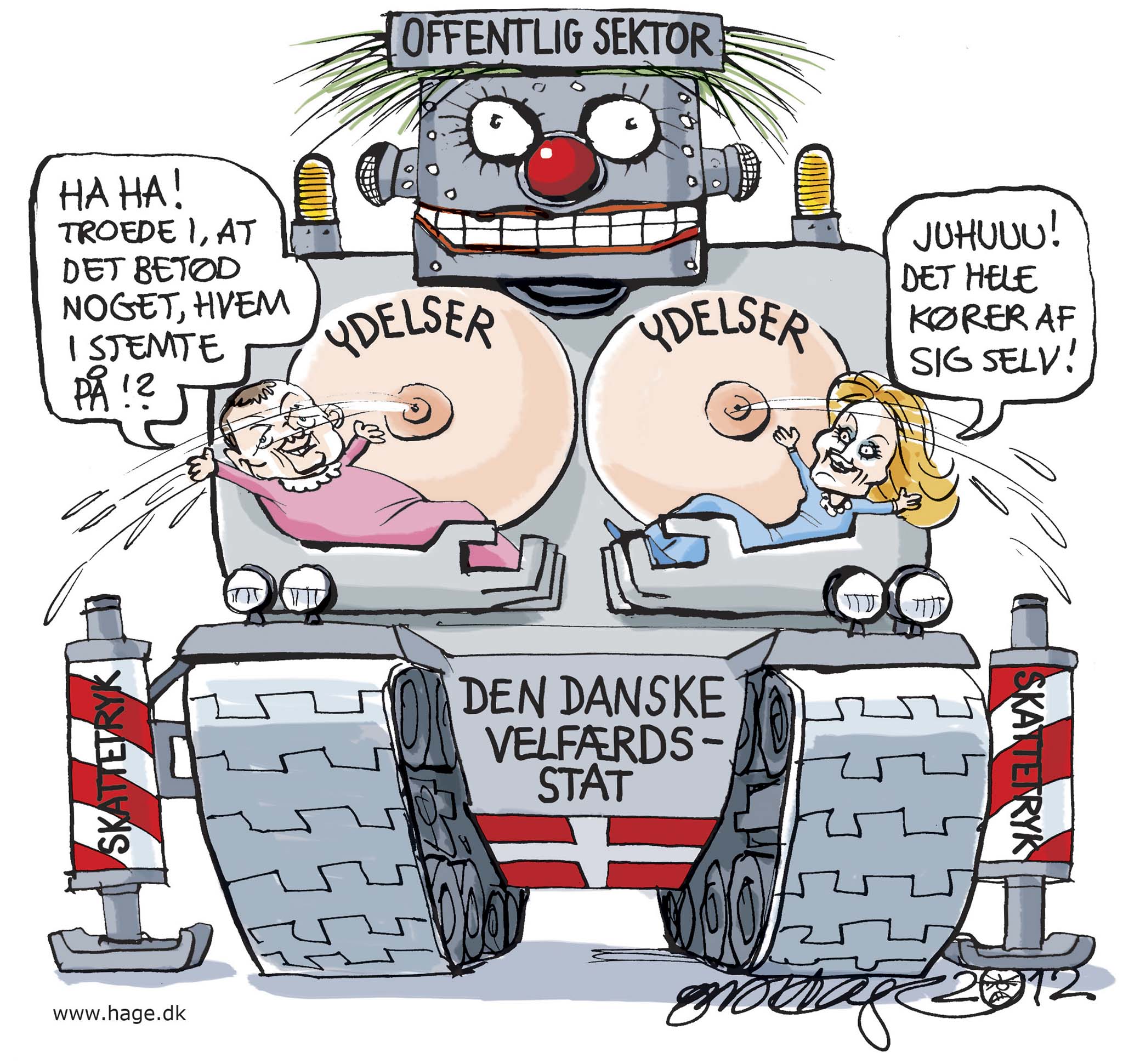 Satire tegning: Før havde vi en blå regering, der førte rød politik – nu har vi en rød regering, der fører blå politik.