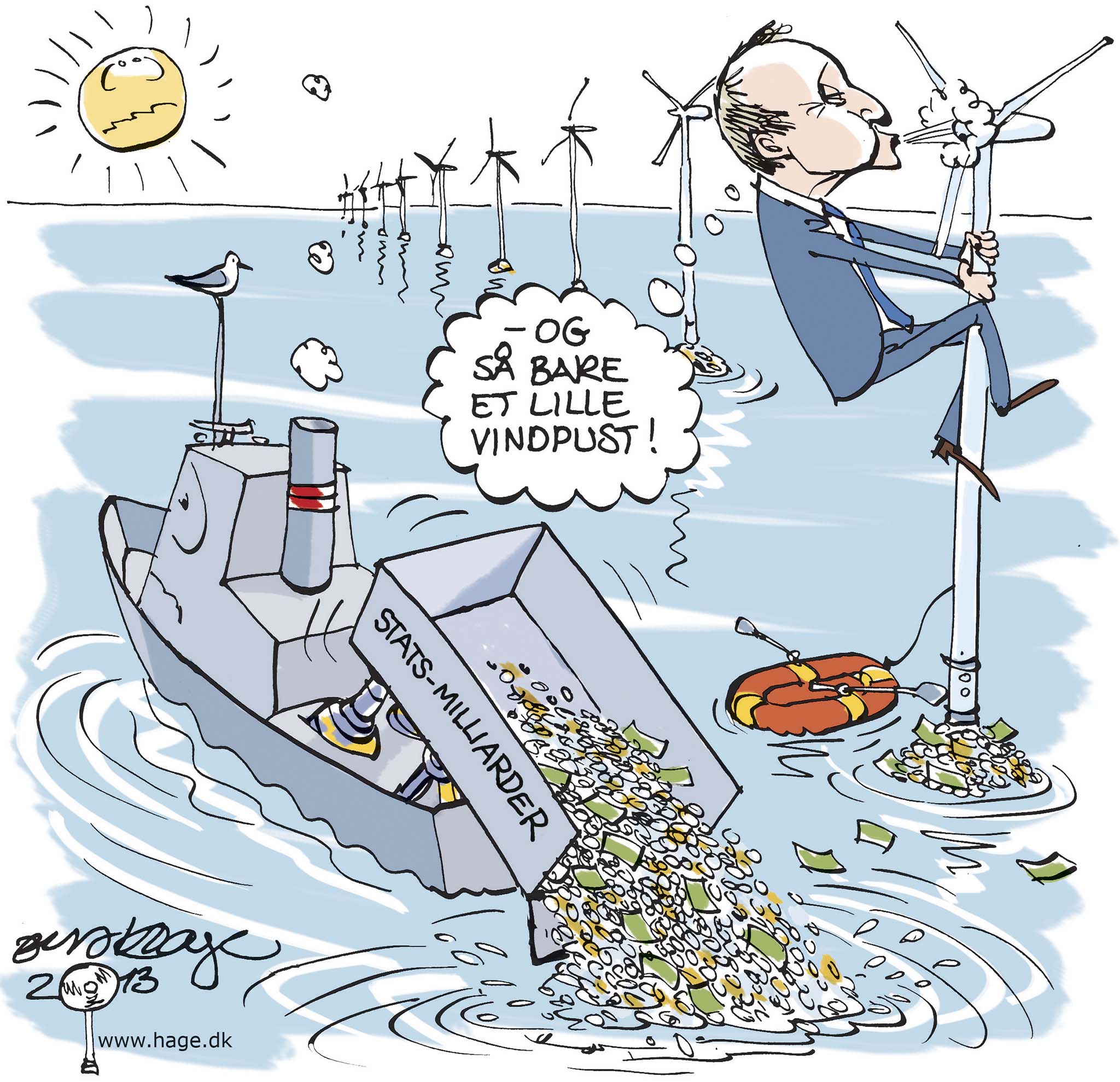 Satire tegning: Energiministeren mener stadig, at vindkraft er en god idé.