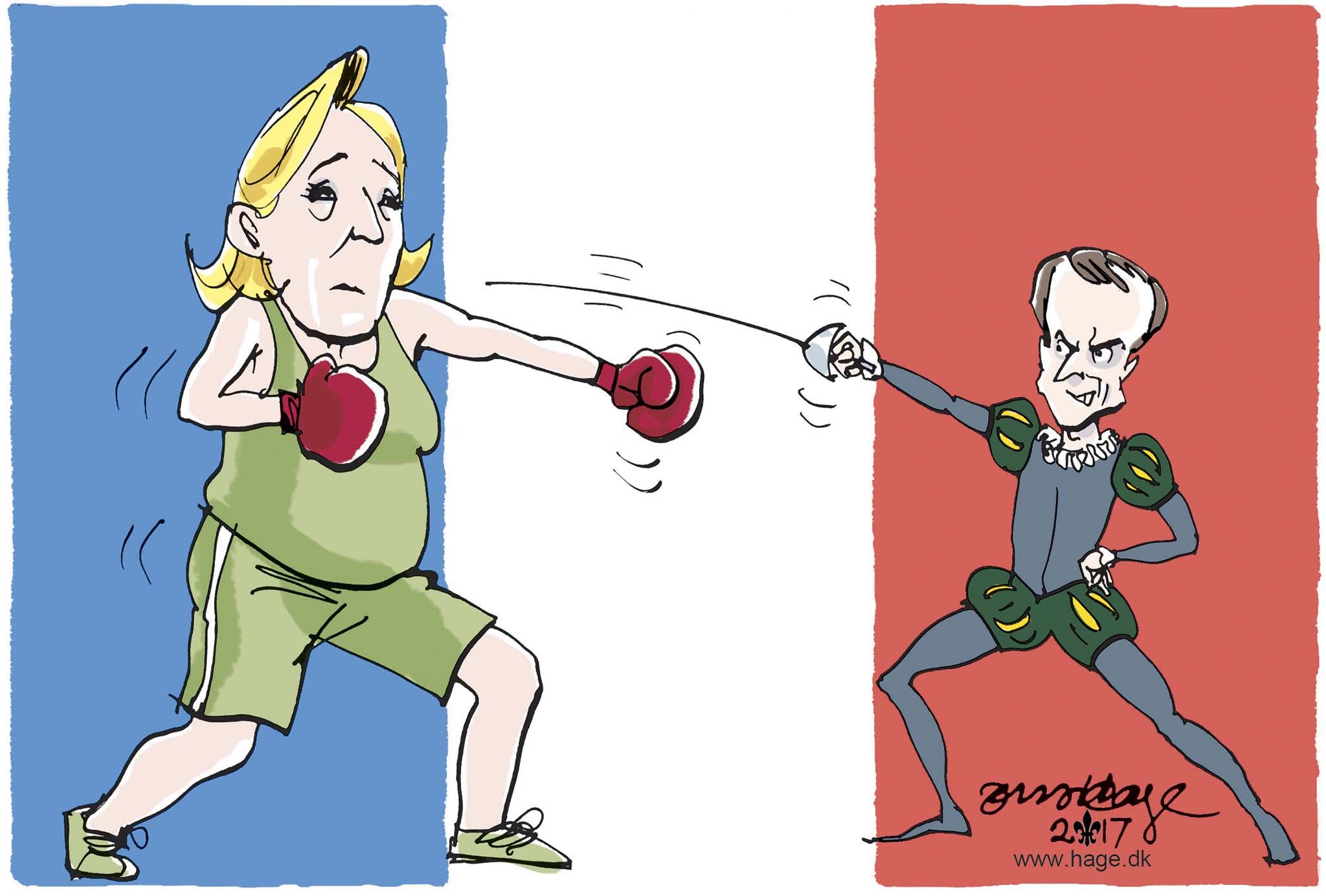 Satire tegning: Den franske valgkamp er i fuld gang, men der er tvivl om, hvilken slags kamp, det bliver.