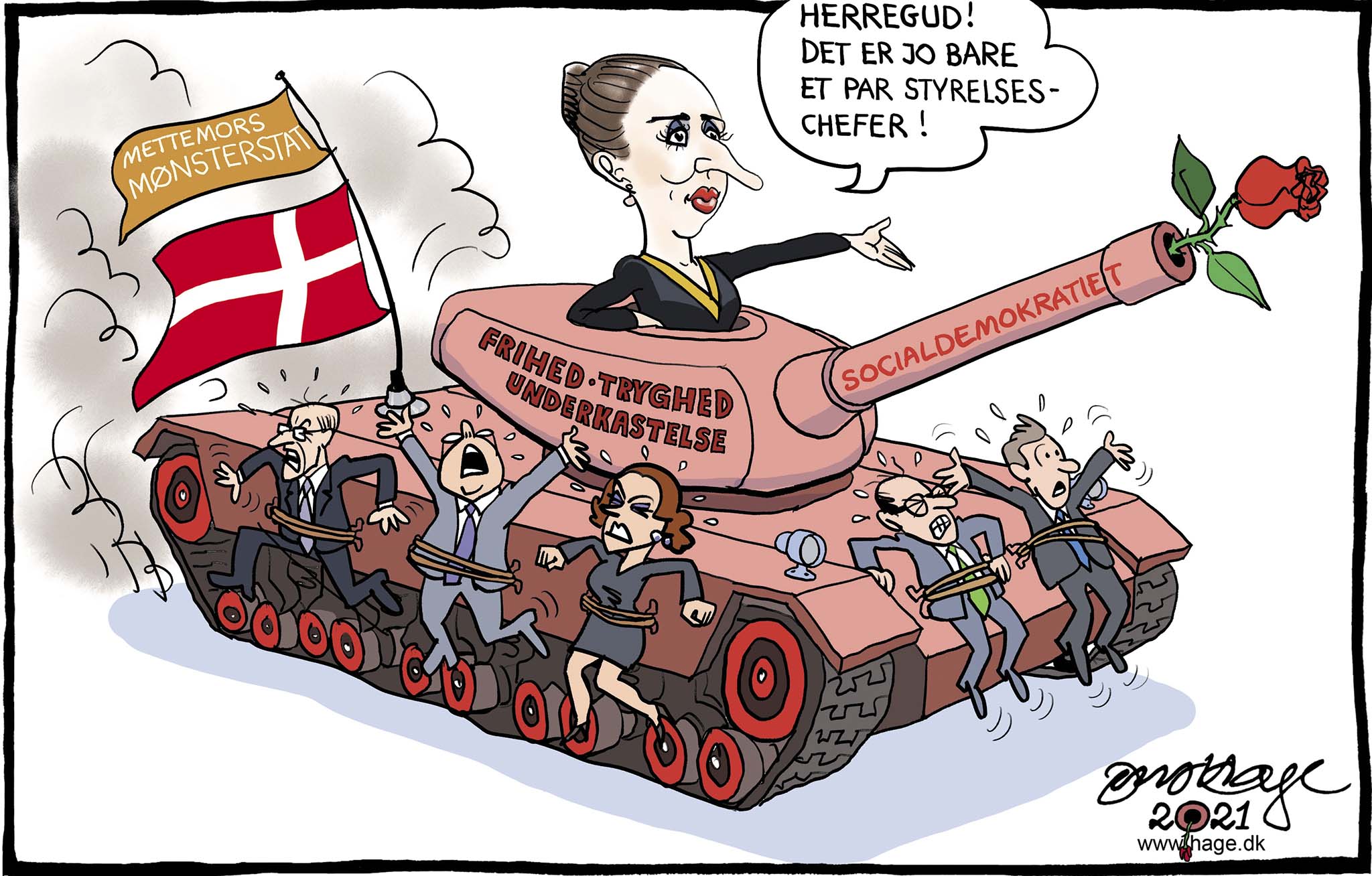 Satire tegning: Regeringen kritiseres for misbrug af embedsmænd til politiske formål.
