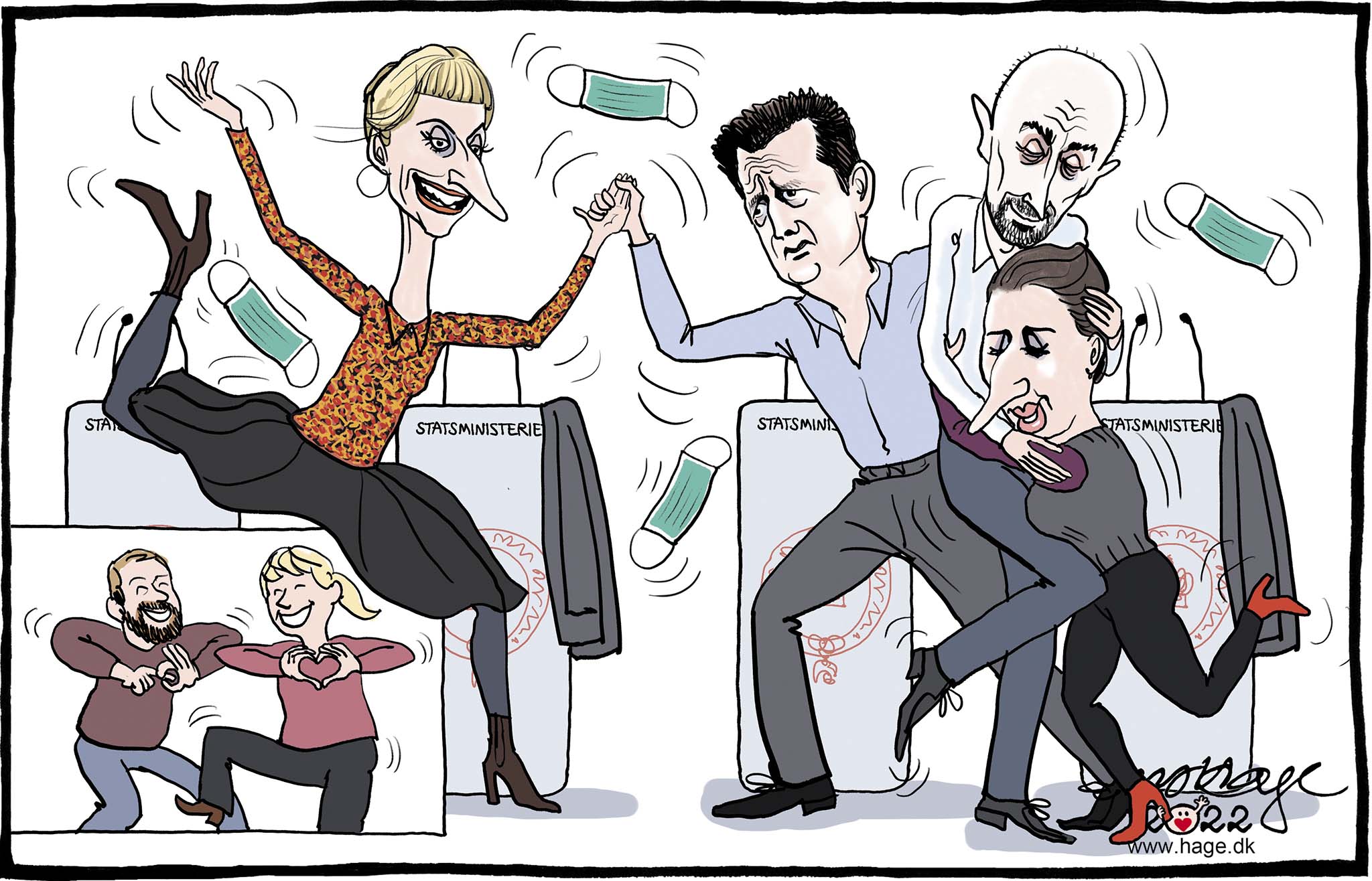 Satire tegning: Nu letter det. Nu kan vi smide mundbindet og kramme igen.