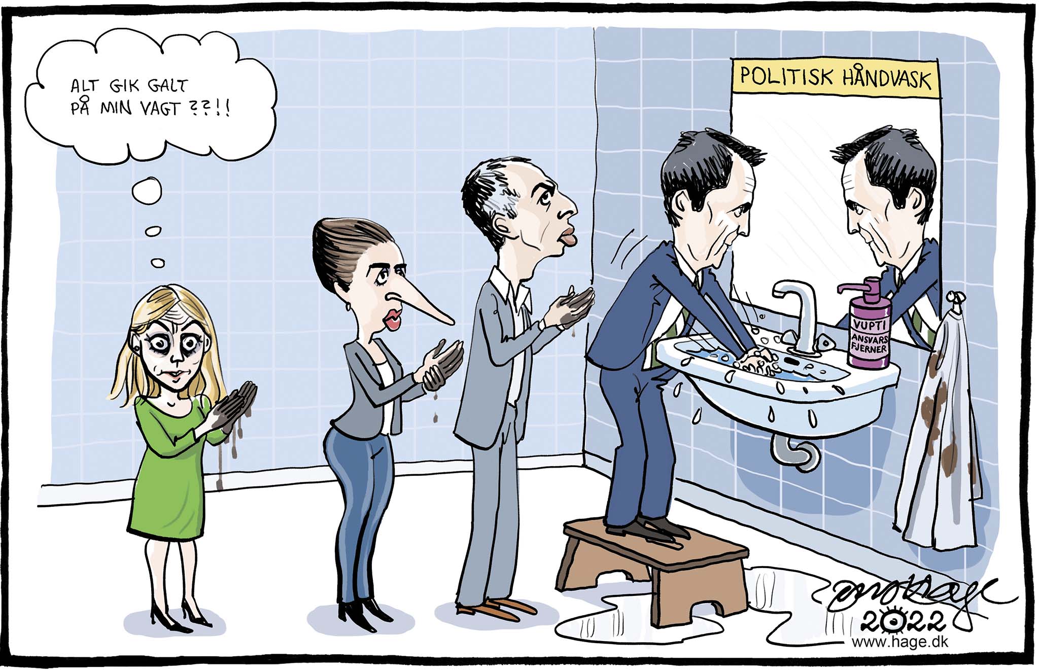 Satire tegning: Jura-eksperter hævder, at regeringen løber fra sit ansvar i FE-skandalen.