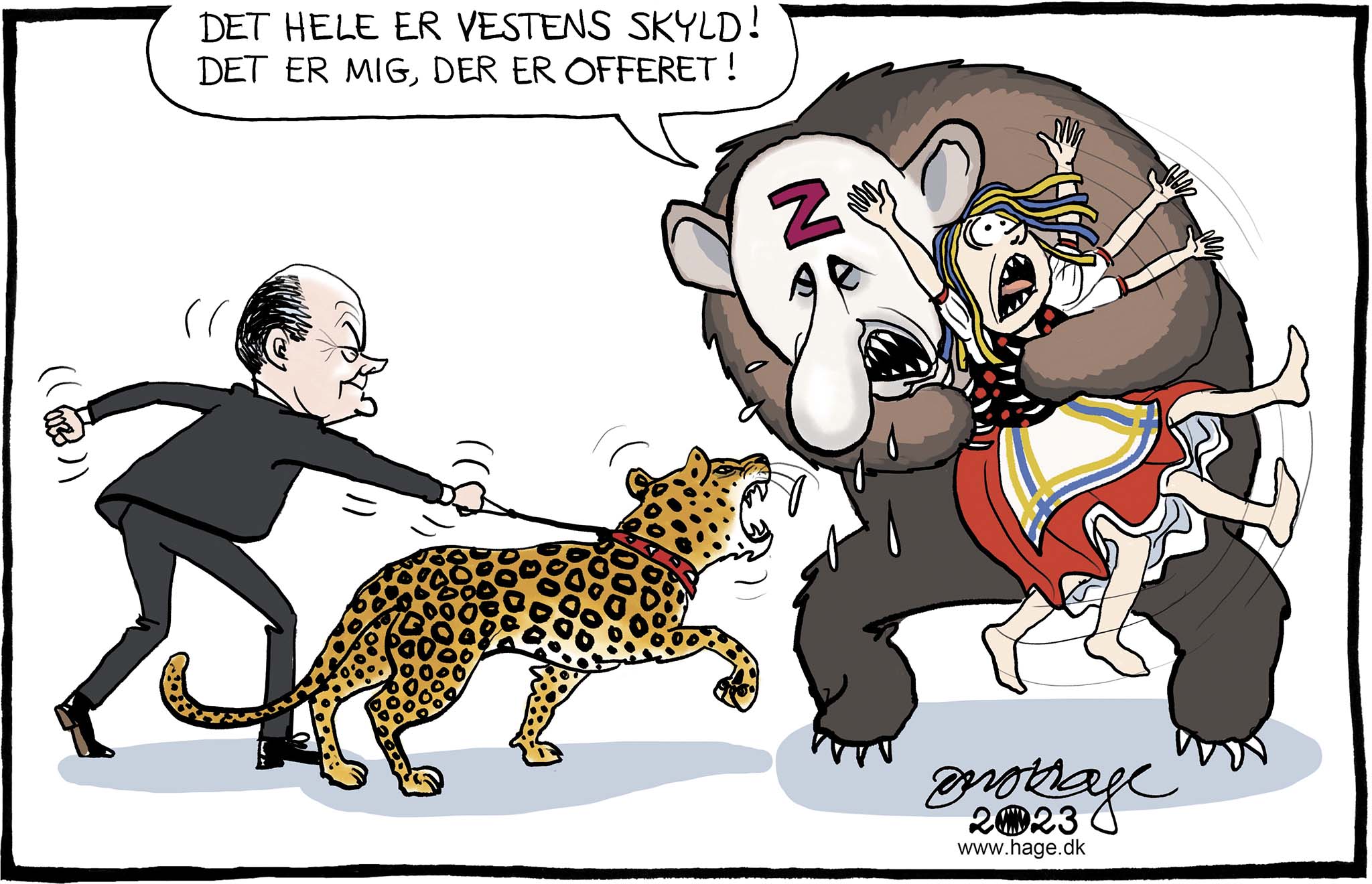 Satire tegning: Det ser omsider ud til, at kansler Scholz vil løsne grebet om de eftertragtede Leopard-kampvogne.