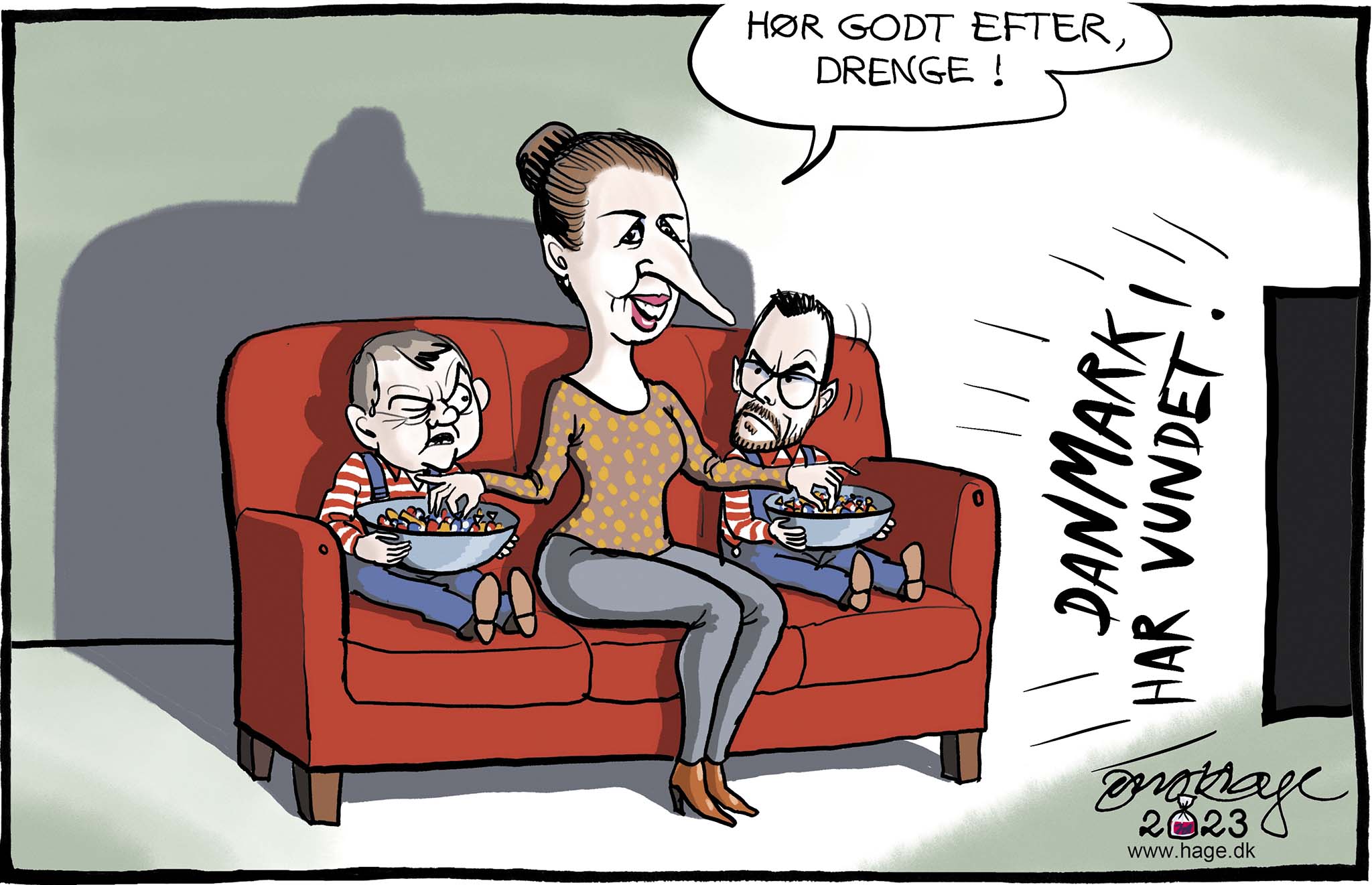 Satire tegning: For tredie gang i træk vinder de danske håndboldherrer VM-guld.