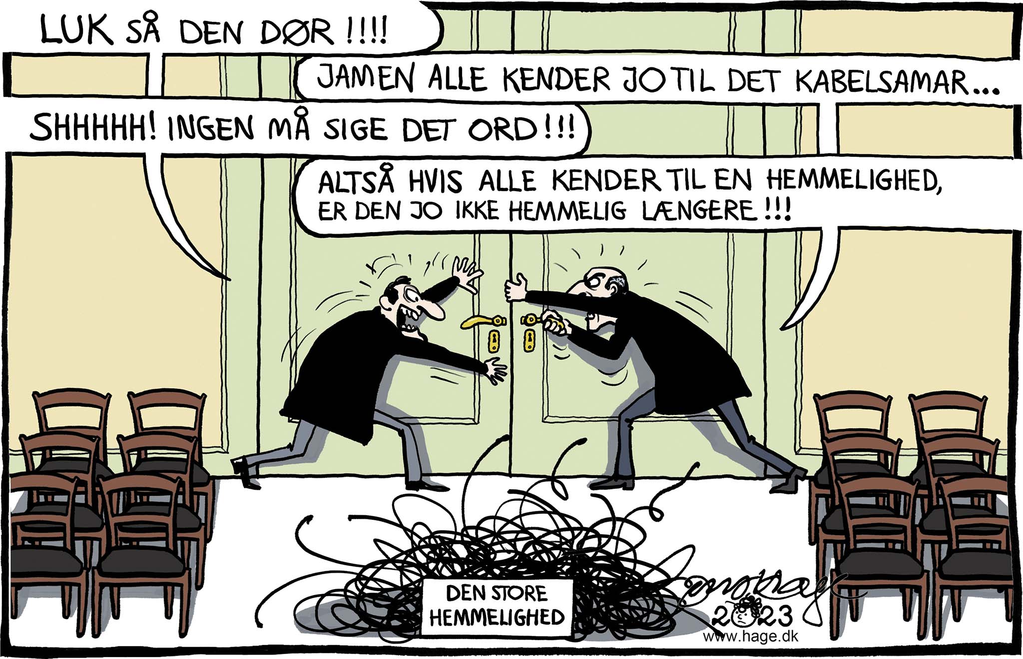 Satire tegning: Det vides endnu ikke, om sagen mod Claus Hjort skal holdes for åbne eller lukkede døre.