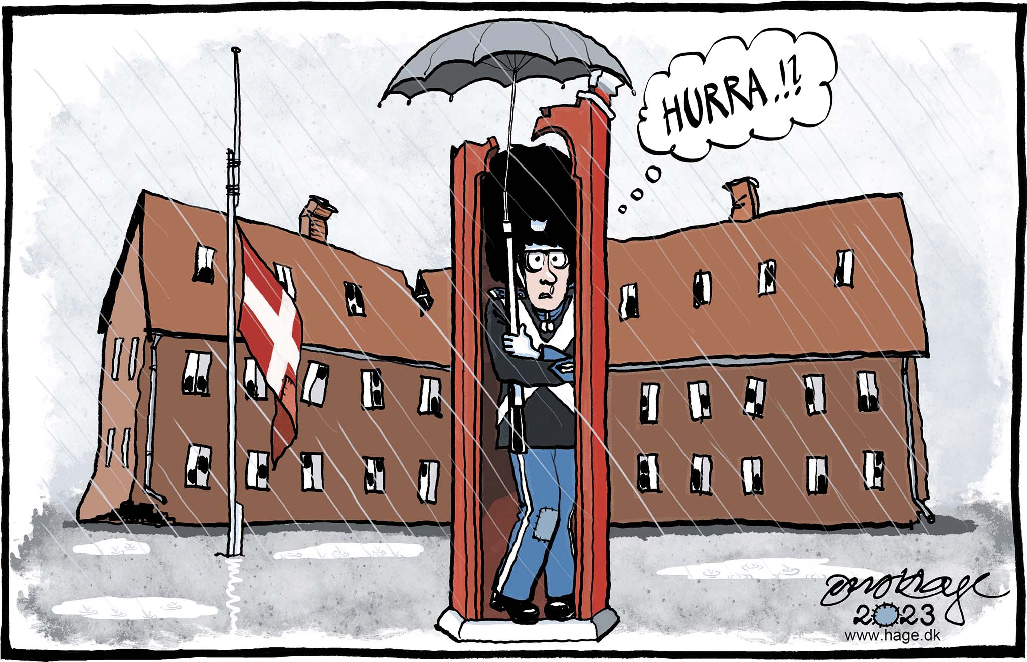 Satire tegning: Pension Danmark overvejer at investere massivt i landets nedslidte kaserner.