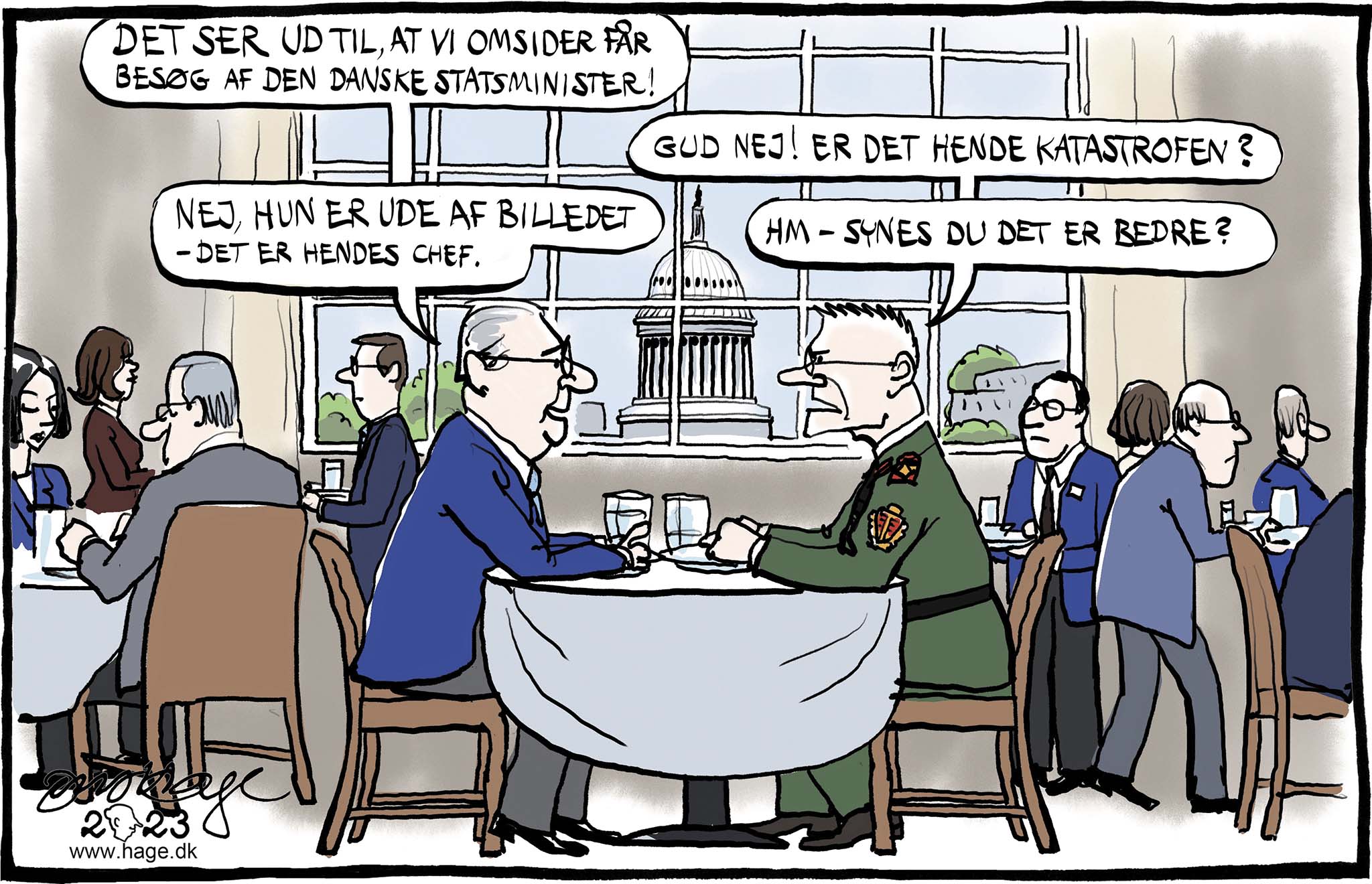 Satire tegning: Statsministeren har ventet meget længe på en invitation fra Det Hvide Hus.