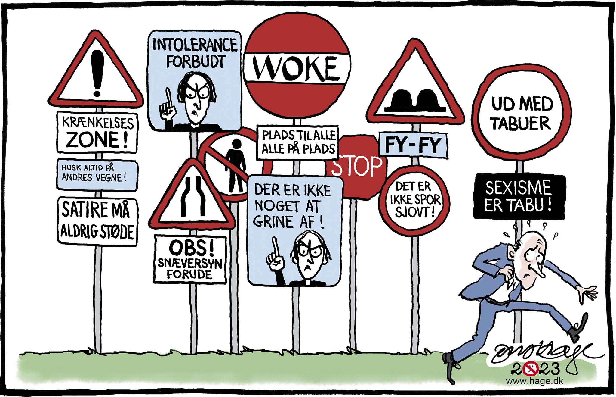 Satire tegning: Ikke alle har det lige godt med samfundets nye færdselsregler.