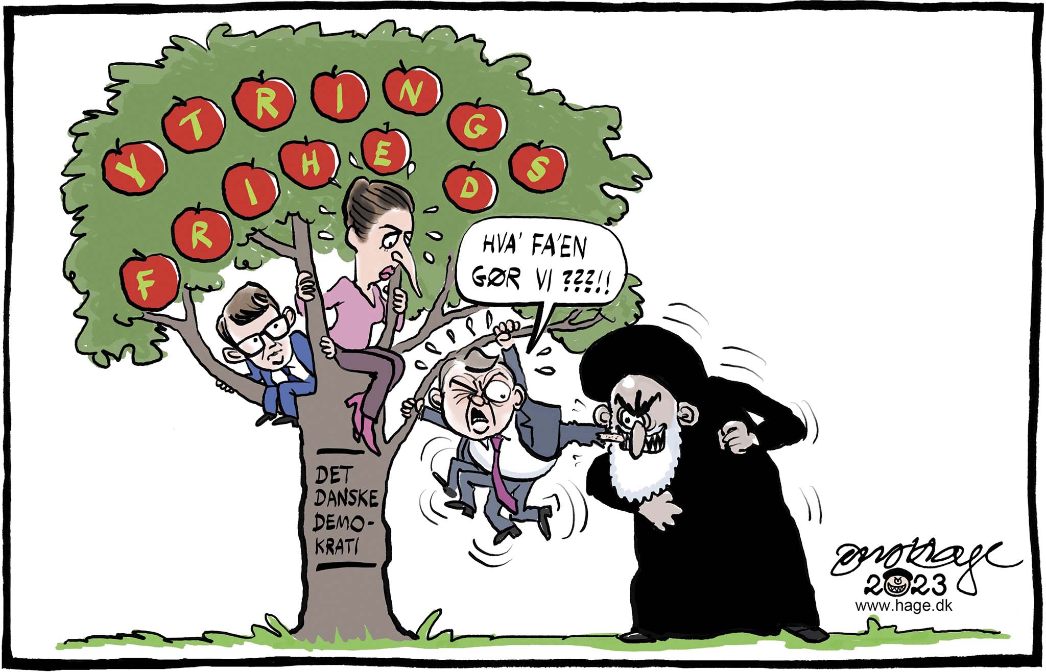 Satire tegning: Skal et voldeligt diktatur kunne true en af de vigtigste frihedsrettigheder i vores demokrati?